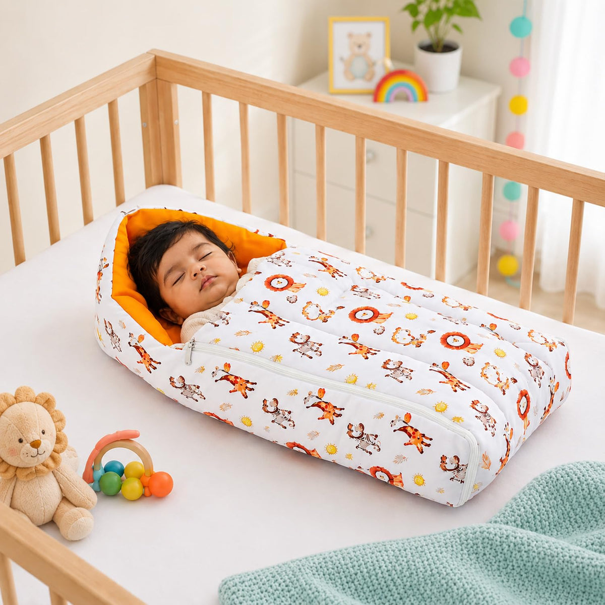 Amazon Brand  Supples 3 in 1 Baby Sleeping Bag and Carry Nest, Cotton Bed Cum Infant Portable Bassinet | Animal Print | Orange