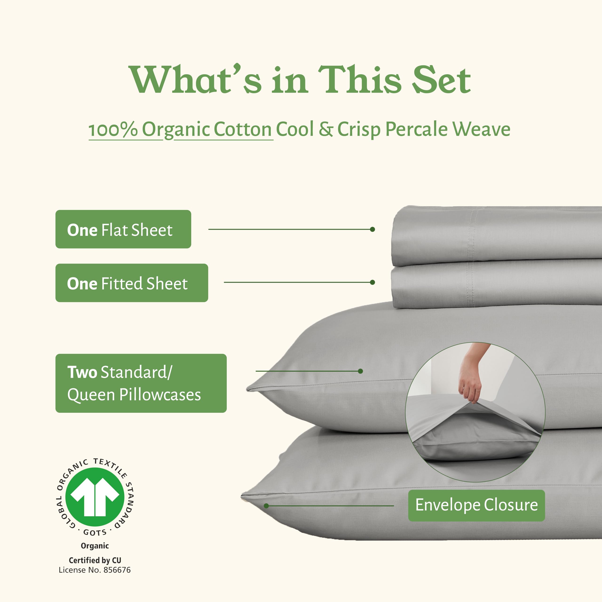 California Design Den Percale Full Size Sheet Set, Deep Pocket 100% Organic Cotton Sheets, Gots Certified, Soft, Breathable & Cooling Sheets Full Size Bed, Light Grey Sheets