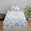 Huesland By Ahmedabad Cotton 144 Tc Elastic Single Bedsheet Cotton With 1 Pillow Cover | 3Ft X 6.5Ft | White (Blue Print)