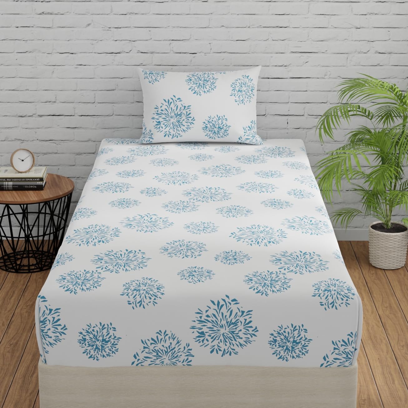 Huesland By Ahmedabad Cotton 144 Tc Cotton Single Bedsheets With Pillow Cover  White (Blue Print)