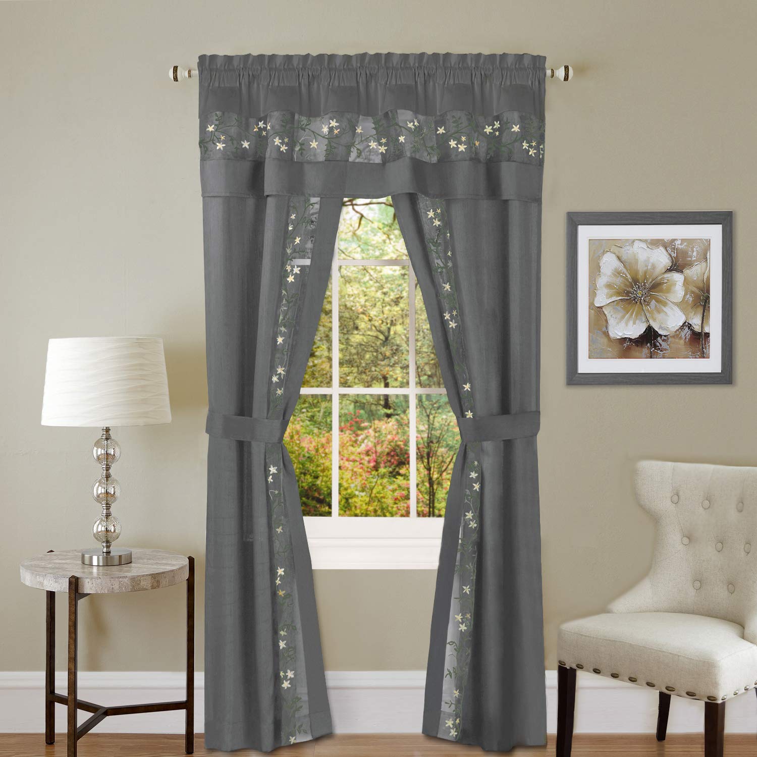 Light-Filtering Window Curtain Set - 55 Inch Width, 84 Inch Length - Fairfield Window in a Bag 5 Piece Set (Grey) - Window Treat