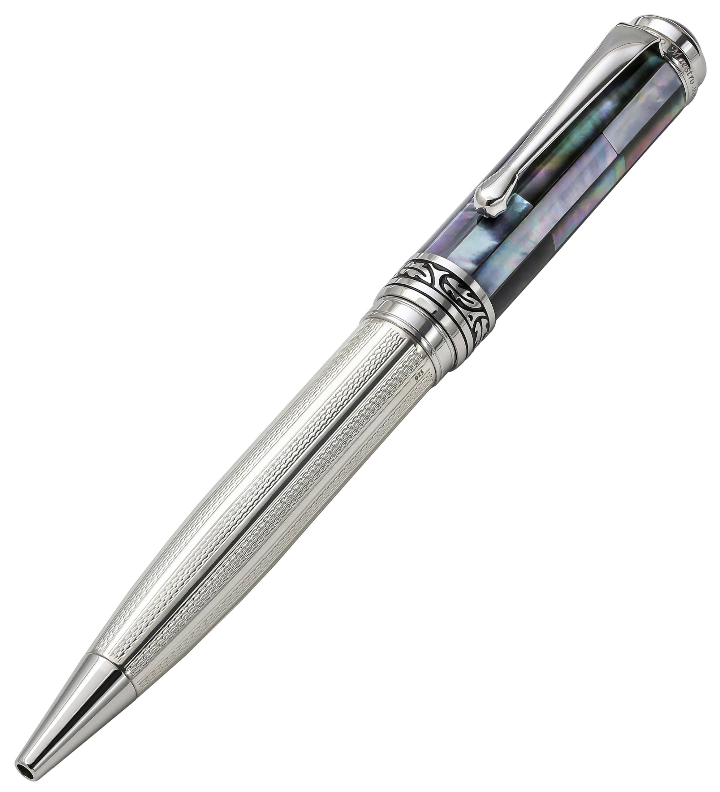 Xezo Maestro Ballpoint Pen, Medium Point. Solid 925 Sterling Silver And Black Mother Of Pearl With Pure Platinum Plating. Handcr