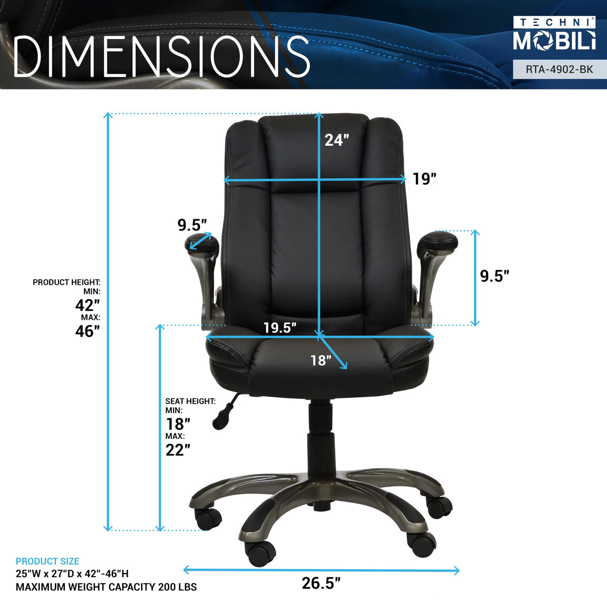 Techni Mobili Executive Leather Office Chair, Black, Height Adjustable, Padded Flip Up Armrests, Tilt Control, PU Desk Chair