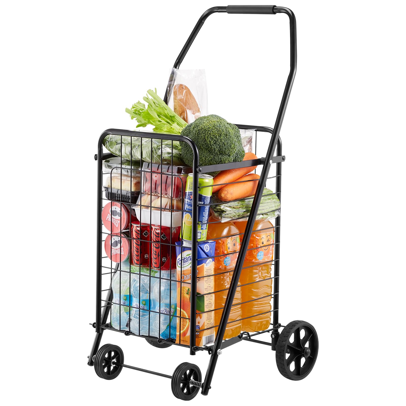 VEVOR Shopping Cart, Folding Grocery Utility Cart with Swivel Wheels, 90 LBS Large Load Capacity, Heavy Duty Rolling Laundry Bas