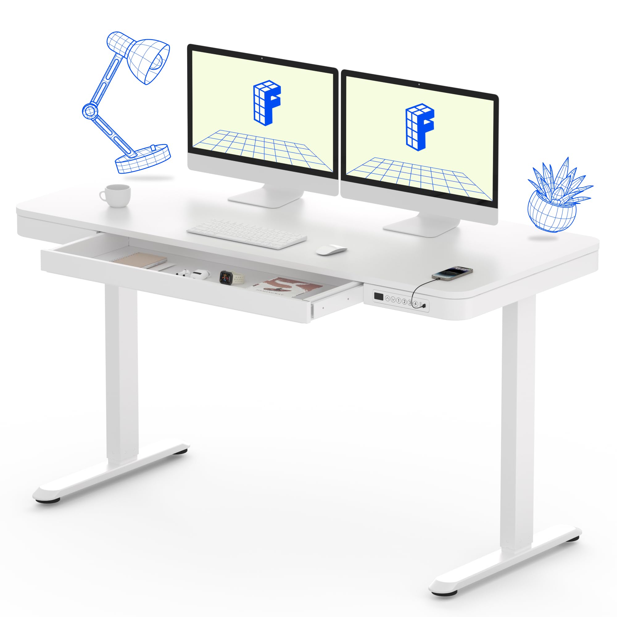 Flexispot 55' White Electric Standing Desk With Drawers, Quick Assembly Home Office Sit Stand Desk With Storage, Usb Charging, Computer Desk For Home Office (White Top + Adjustable Frame, Comhar)