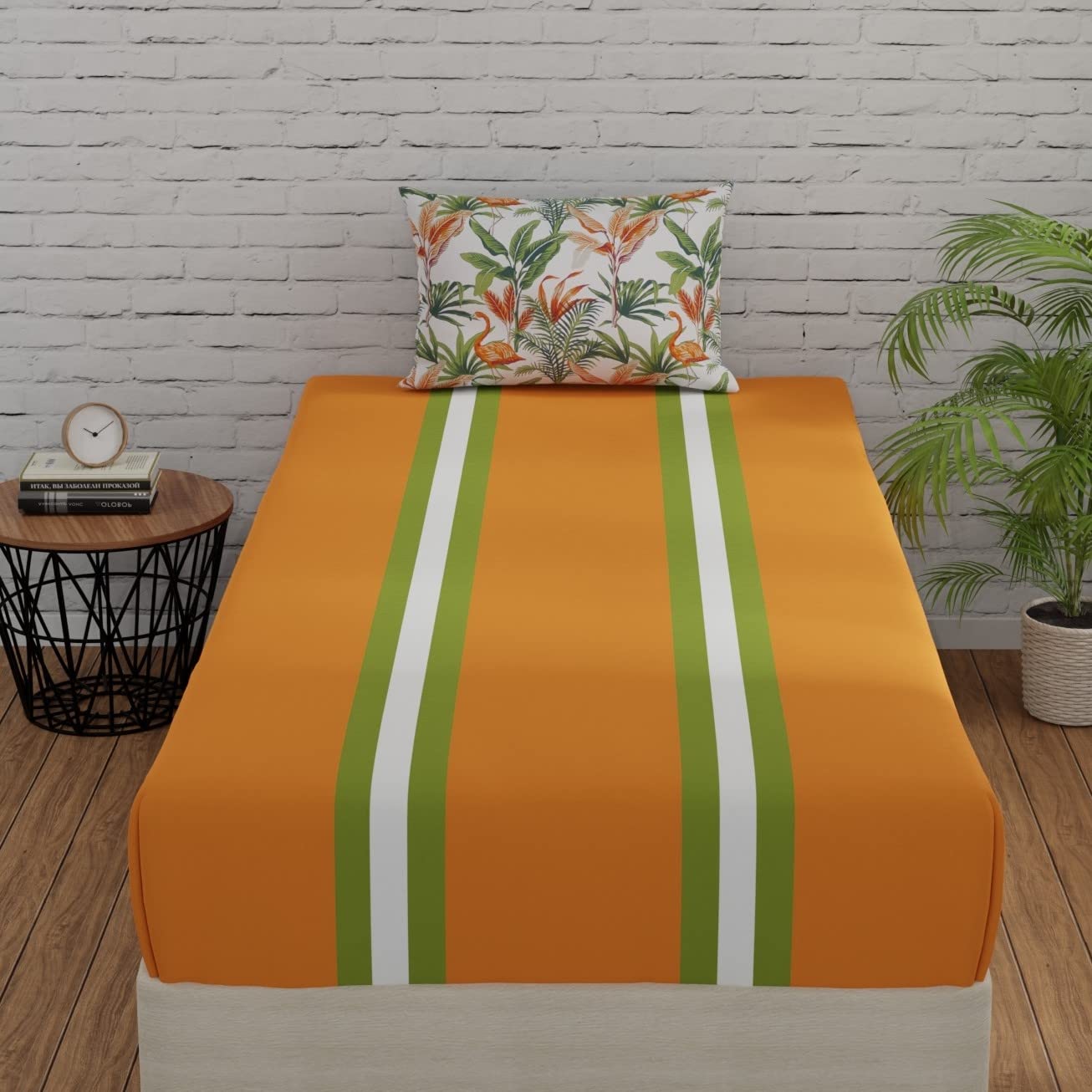 Huesland By Ahmedabad Cotton 144 Tc Pure Cotton Bedsheet Single Bed With 1 Pillow Cover | Stripes & Flamingos Orange & Green