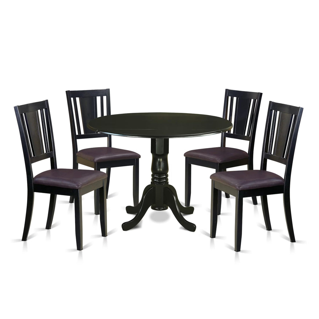 East West Furniture DLDU5-BLK-LC 5 Piece Modern Dining Table Set Includes a Round Wooden Table with Dropleaf and 4 Faux Leather Kitchen Dining Chairs, 42x42 Inch, Black