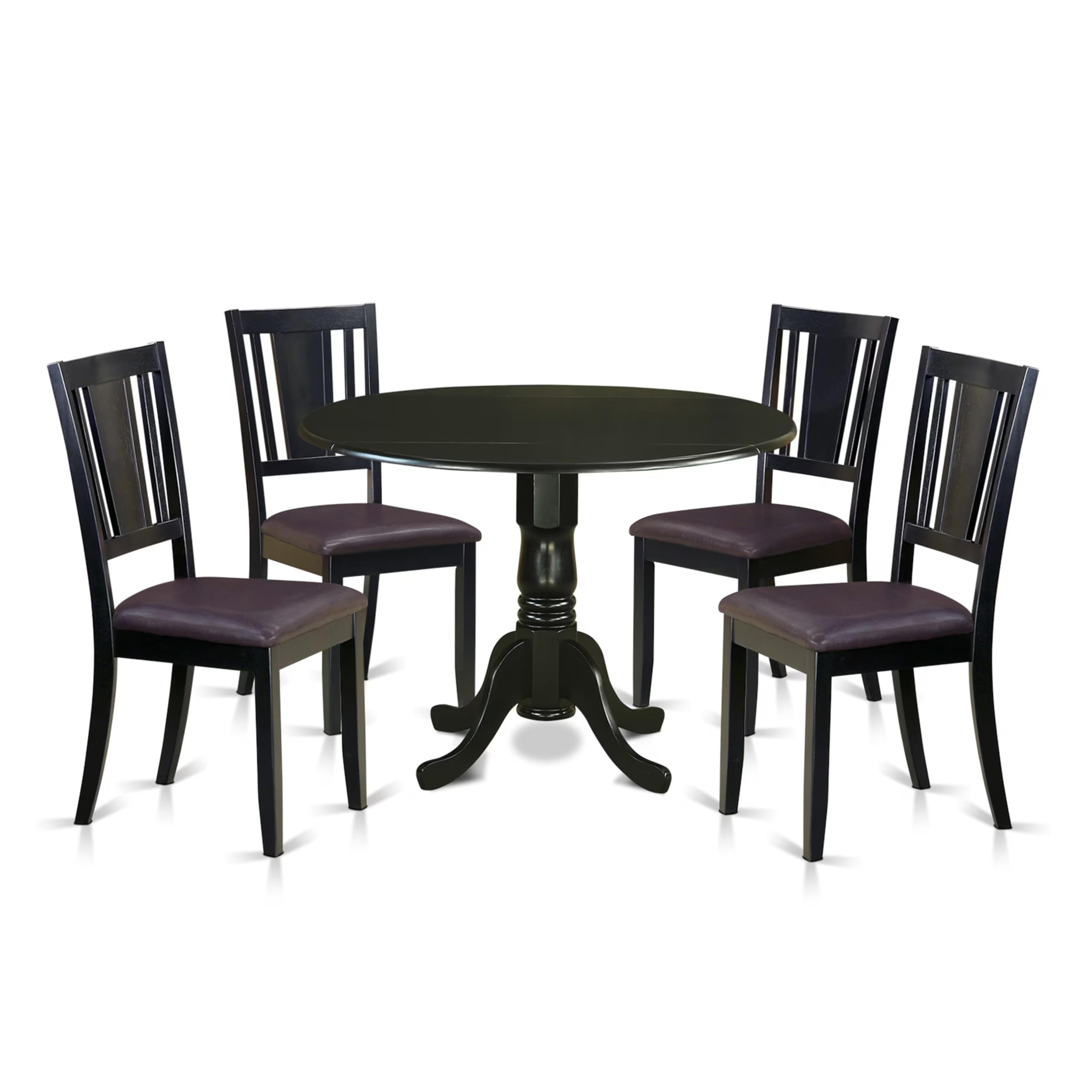 East West Furniture DLDU5-BLK-LC 5 Piece Modern Dining Table Set Includes a Round Wooden Table with Dropleaf and 4 Faux Leather Kitchen Dining Chairs, 42x42 Inch, Black