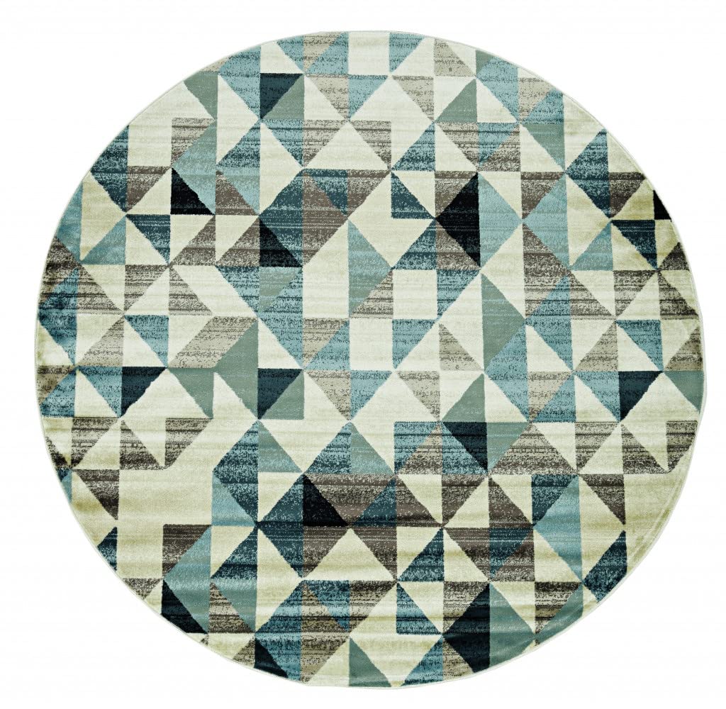 HomeRoots Heat-Set Polypropelene 8’ Round Blue Beige Nested Diamonds Modern Area Rug