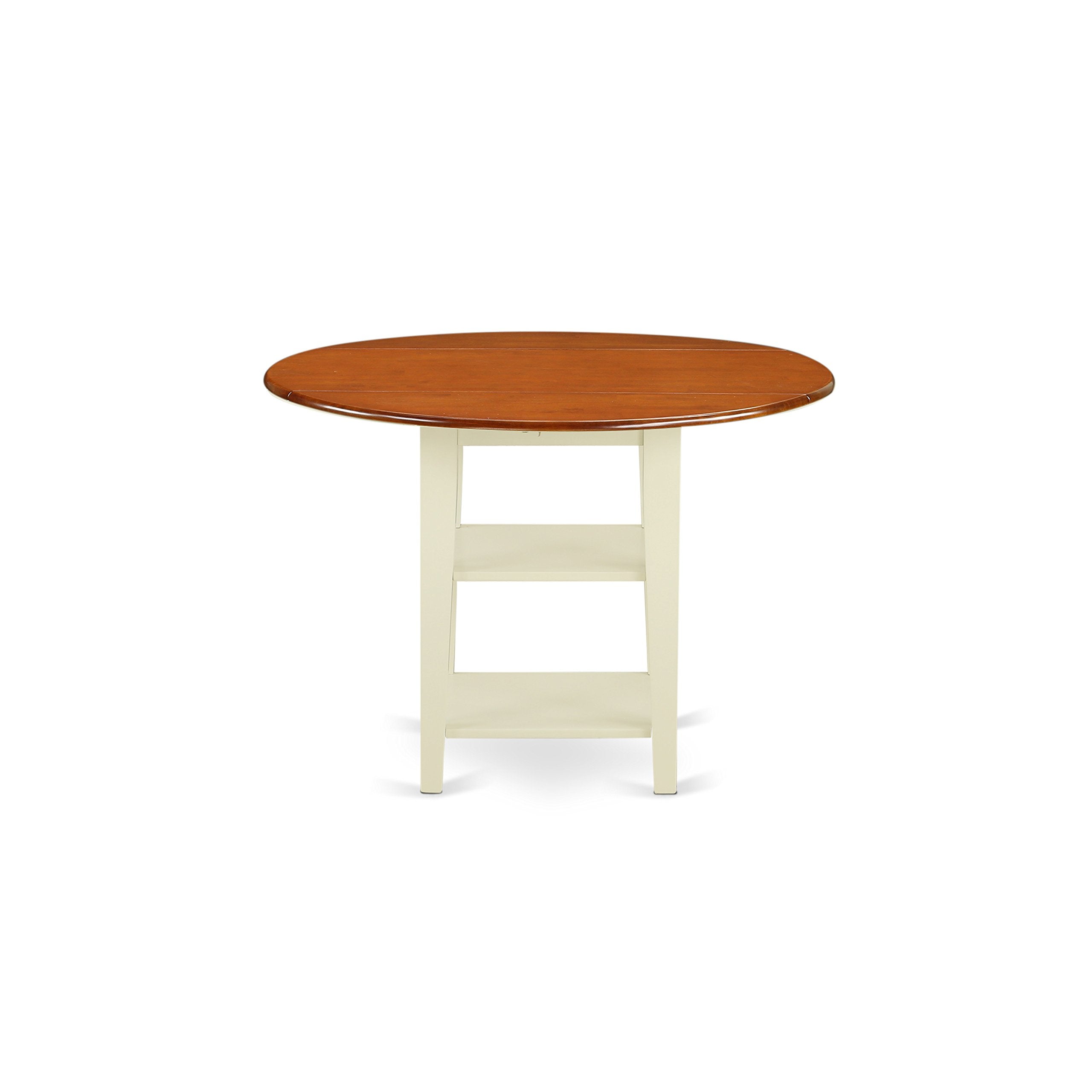 East West Furniture SUPL3-BMK-C 3 Piece Dining Table Set Contains a Round Dining Room Table with Dropleaf & Shelves and 2 Linen Fabric Upholstered Chairs, 42x42 Inch, Buttermilk & Cherry