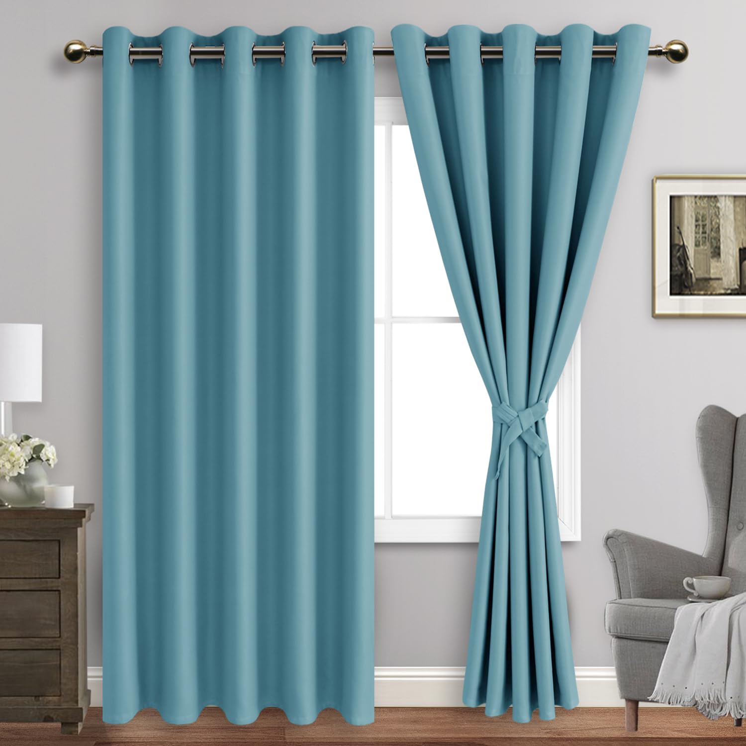 Jiuzhen Turquoise Blackout Curtains With Tiebacks Thermal Insulated, Light Blocking And Noise Reducing Grommet Curtains For Bedroom And Living Room, Set Of 2 Window Curtain Panels, 60 X 84 Inch Length
