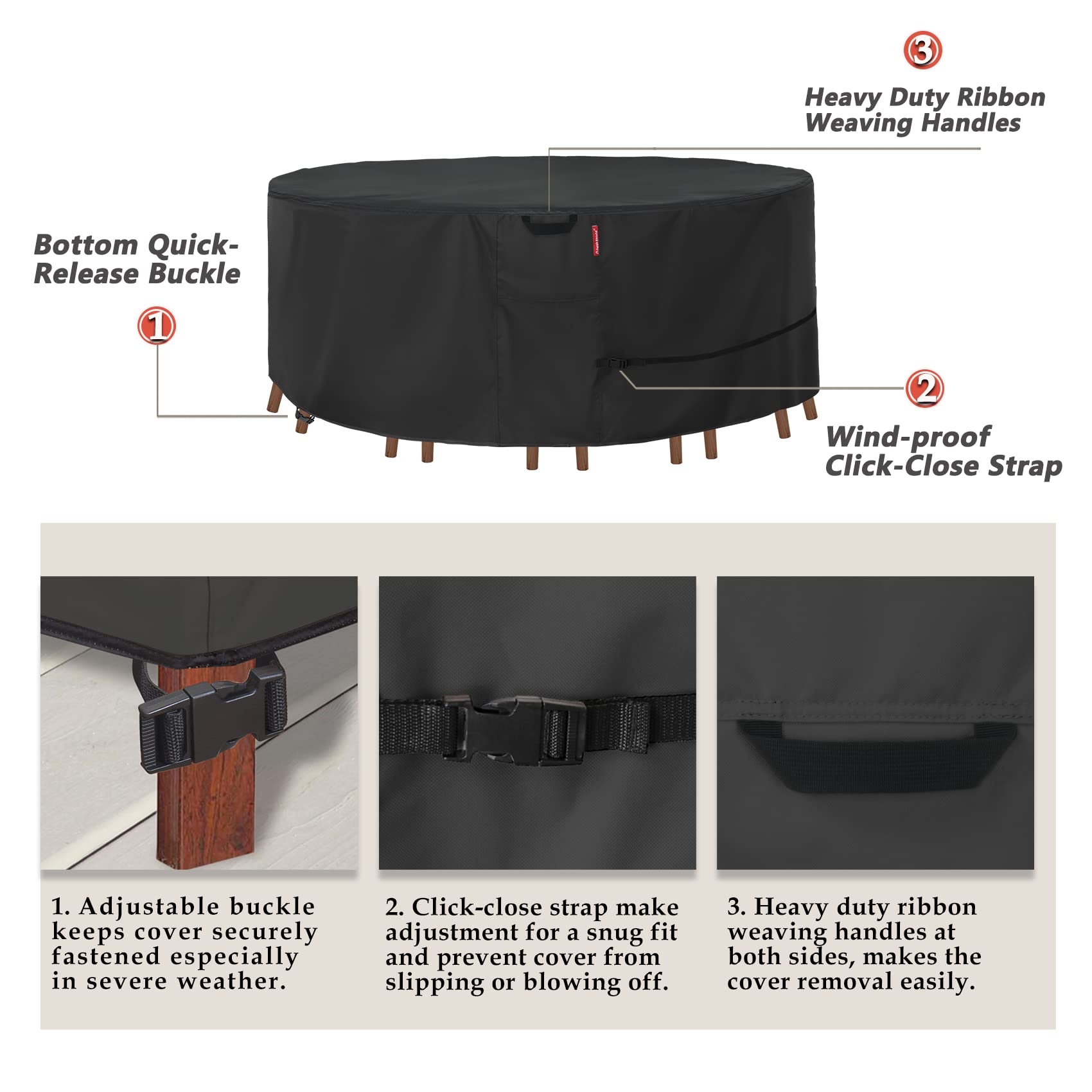Porch Shield Round Patio Furniture Cover - Waterproof 600D Heavy Duty Outdoor Table And Chairs Cover 62 Inch, Black