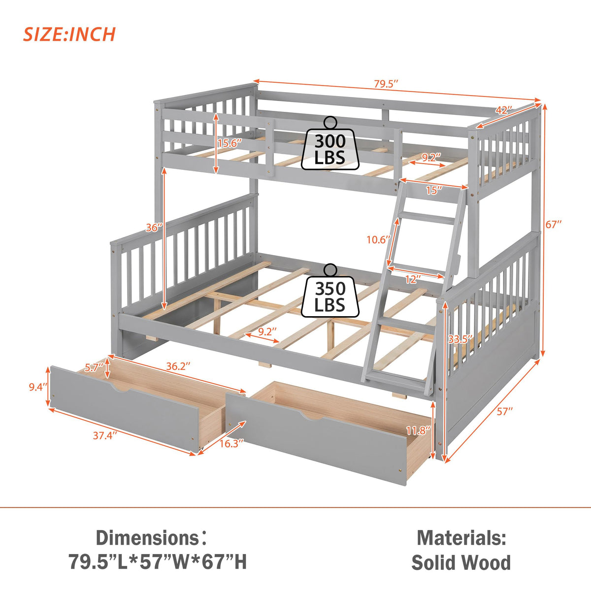 Merax Wood Bunk Bed With Drawers,Convertible Wood Bunk Bed With Ladders And Two Storage Drawers,Solid Wood Detachable Bunk Bed Frame With Ladders,Twin Over Full Size,Grey