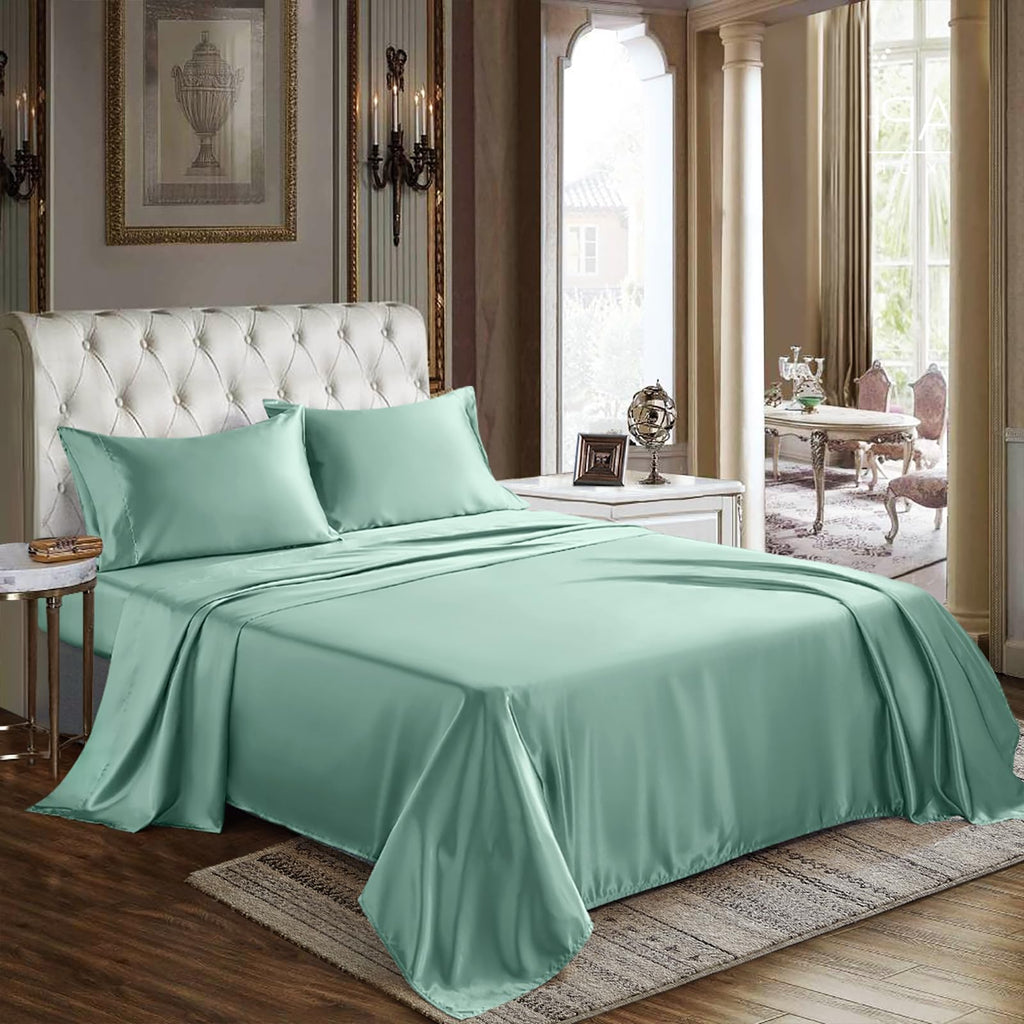 Cozylux Satin Sheets King Size - 4 Piece Aqua Bed Sheet Set With Silky Microfiber, 1 Deep Pocket Fitted Sheet, 1 Flat Sheet, And
