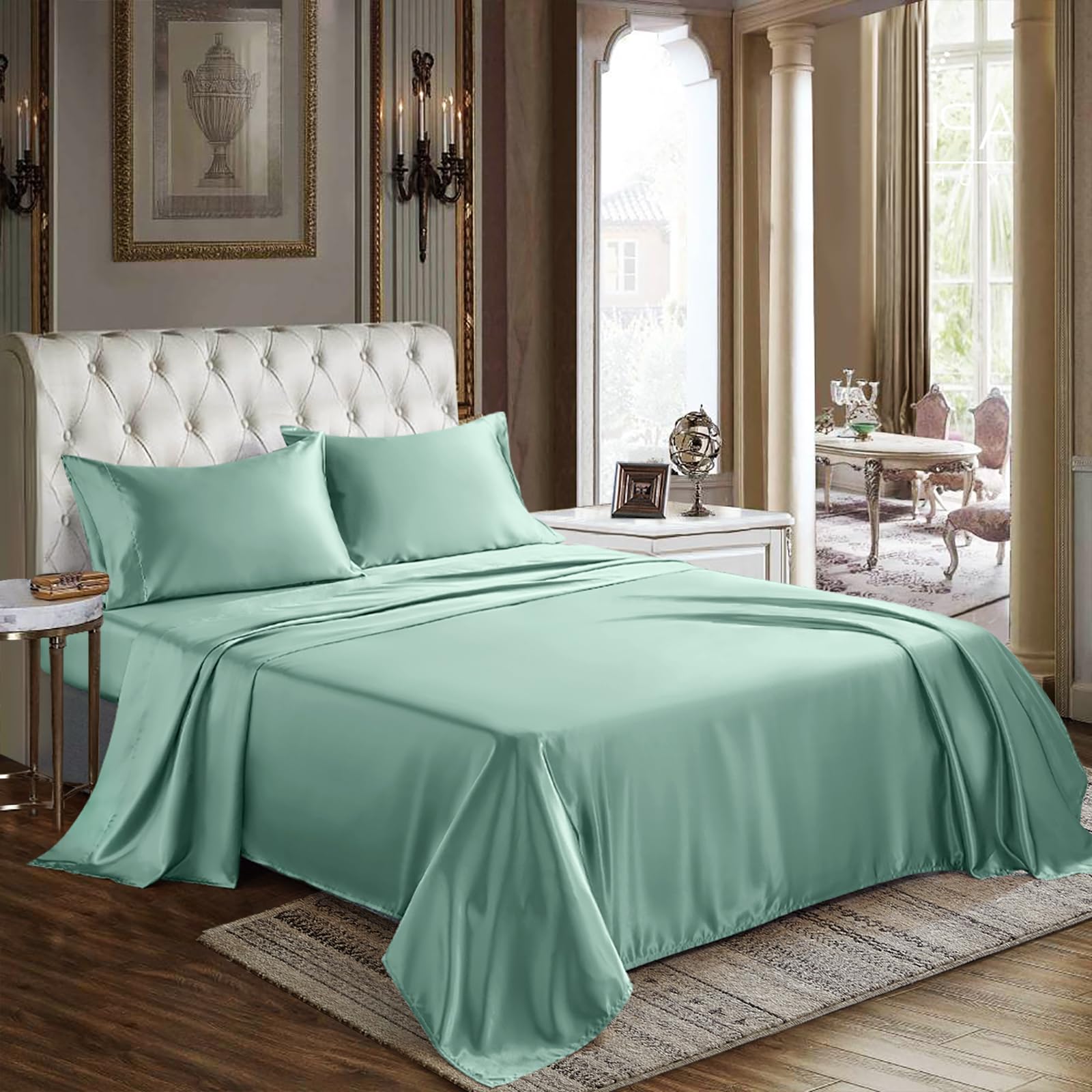 Cozylux Satin Sheets Queen Size - 4 Piece Aqua Bed Sheet Set With Silky Microfiber, 1 Deep Pocket Fitted Sheet, 1 Flat Sheet, An