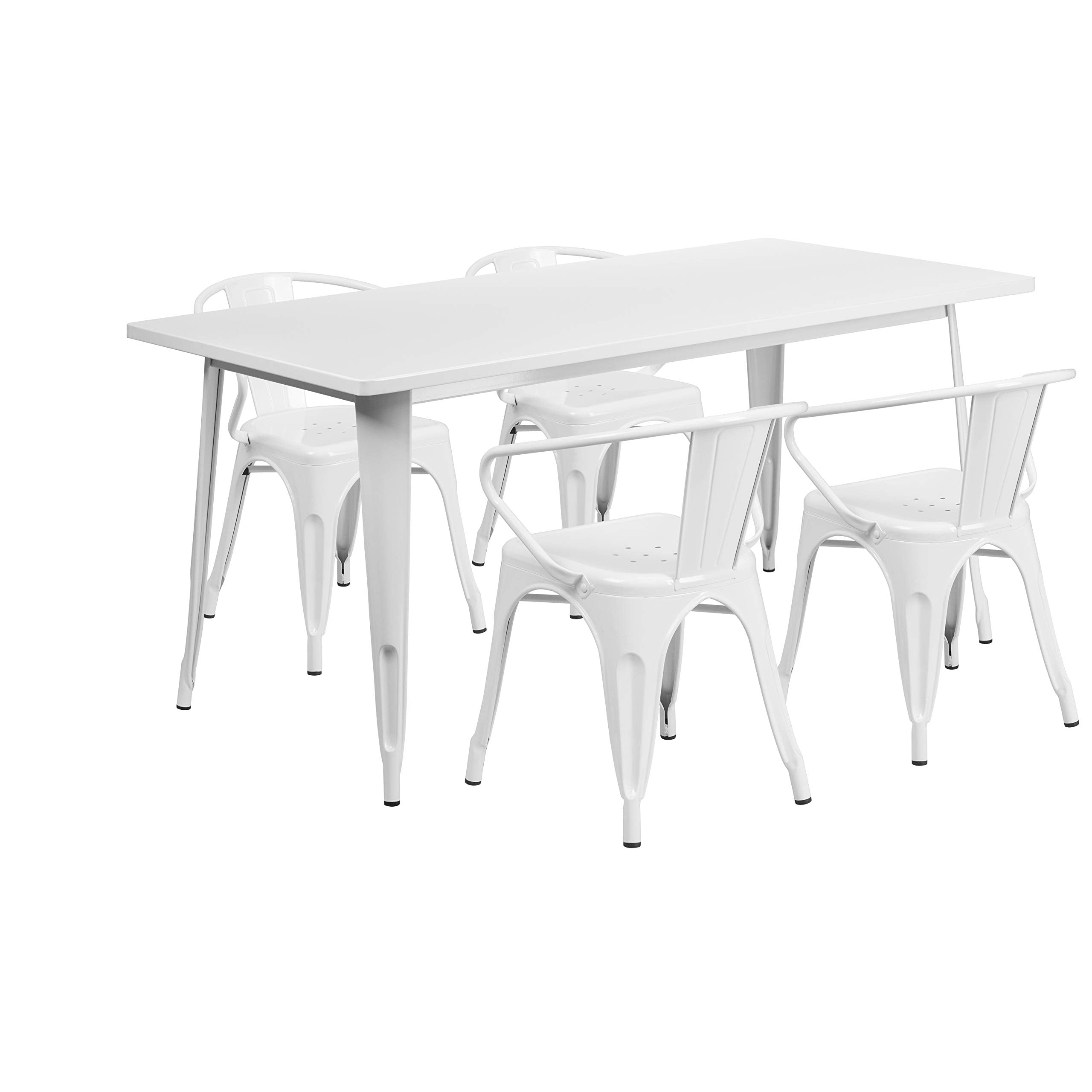 Flash Furniture Commercial Grade 31.5" x 63" Rectangular White Metal Indoor-Outdoor Table Set with 4 Arm Chairs