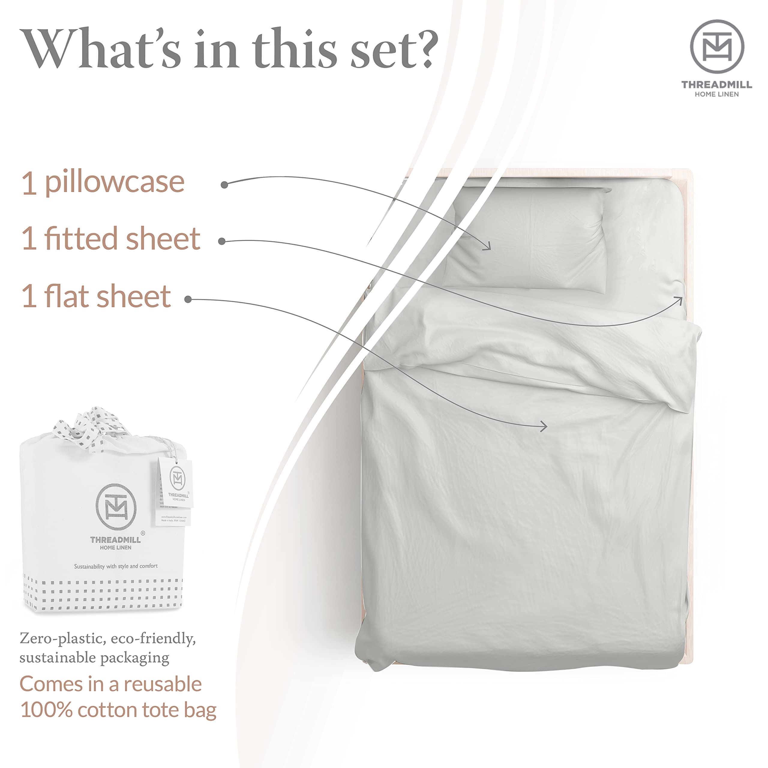 Threadmill Cotton Twin Sheets Set, 5 Star Hotel Quality Bed Sheets, 100% Cotton Sheets, 500 Thread Count, Deep Pocket, Snug Fit