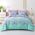 DHSFKBE Twin Comforter Set, 5 Piece Bed in a Bag, Boho Aqua and Lilac Damask Medallion Print Comforter with Sheets, Soft Microfi