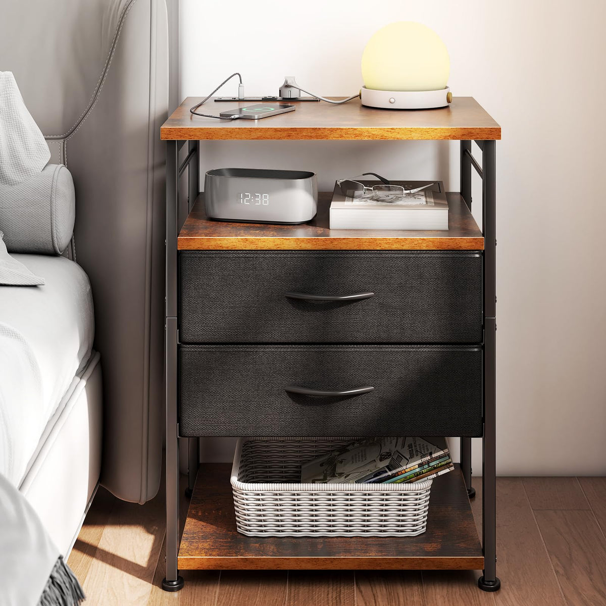 AODK Night Stand with Charging Station, End Table for Bedroom Tall Nightstand with Drawers, Small Nightstand for Bedroom, 4-Tier
