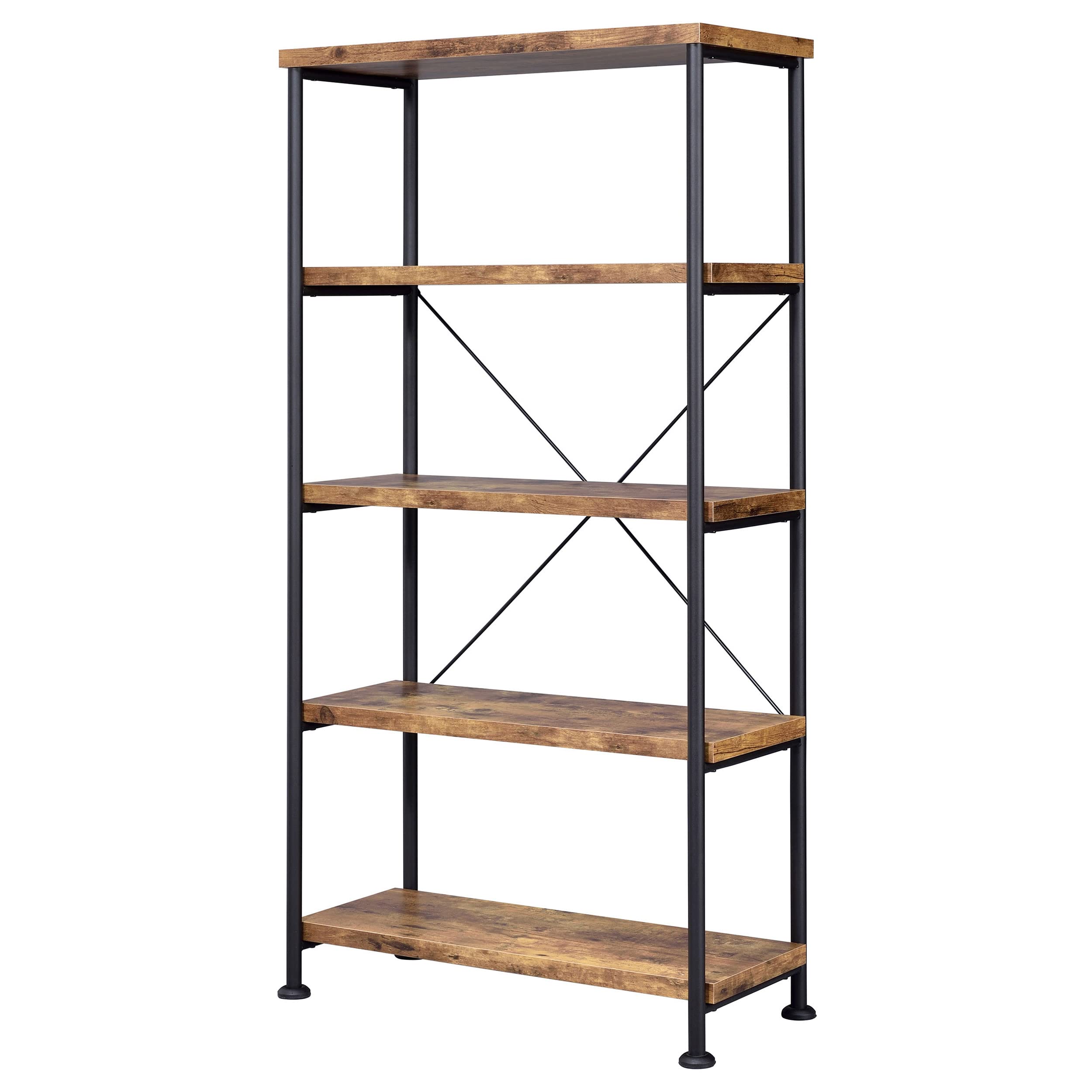 Coaster Home Furnishings Analiese Rustic Industrial 4-Tier Bookcase Etagere Bookshelf Office Storage Book Shelf Engineered Eco-Friendly Wood Look Laminate Sturdy Black Steel Base Rustic Nutmeg 801542
