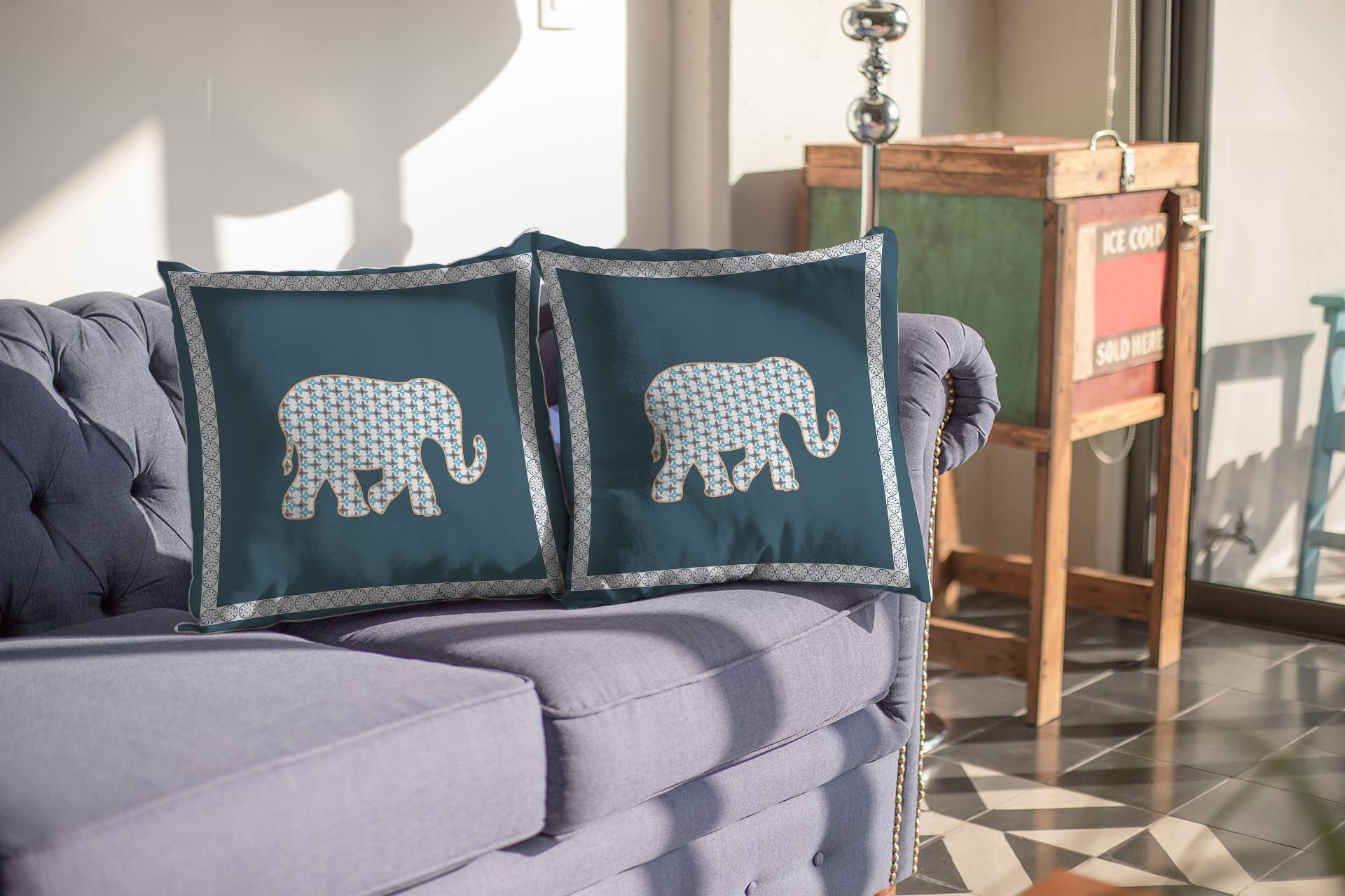 HomeRoots White On Muted Blue 18â€ Spruce Blue Elephant Boho Suede Throw Pillow