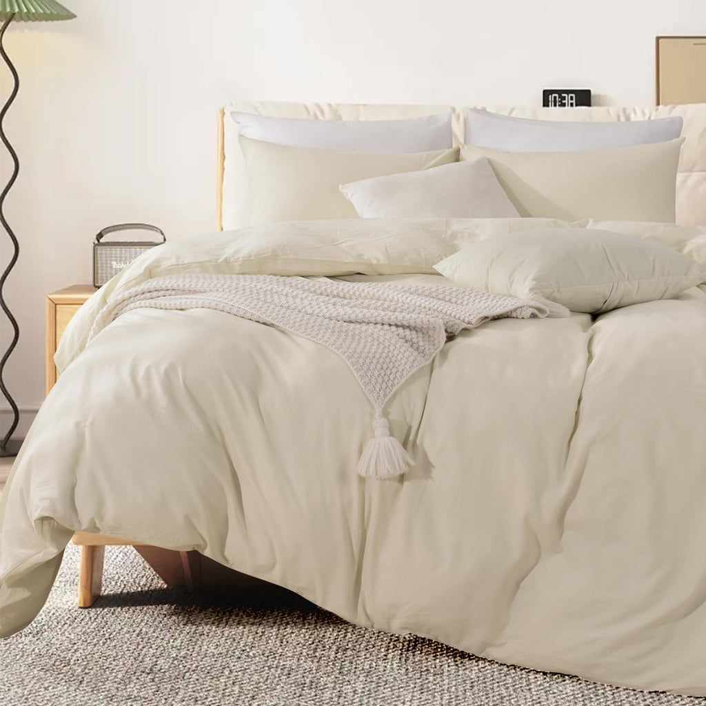 Nexhome Pro Duvet Cover Set 100% Washed Cotton Oversized King 120'X98' Linen Feel Textured Organic 3 Pieces Bedding Set With Zipper Closure And Corner Ties, Breathable(Cream Grey, No Comforter)