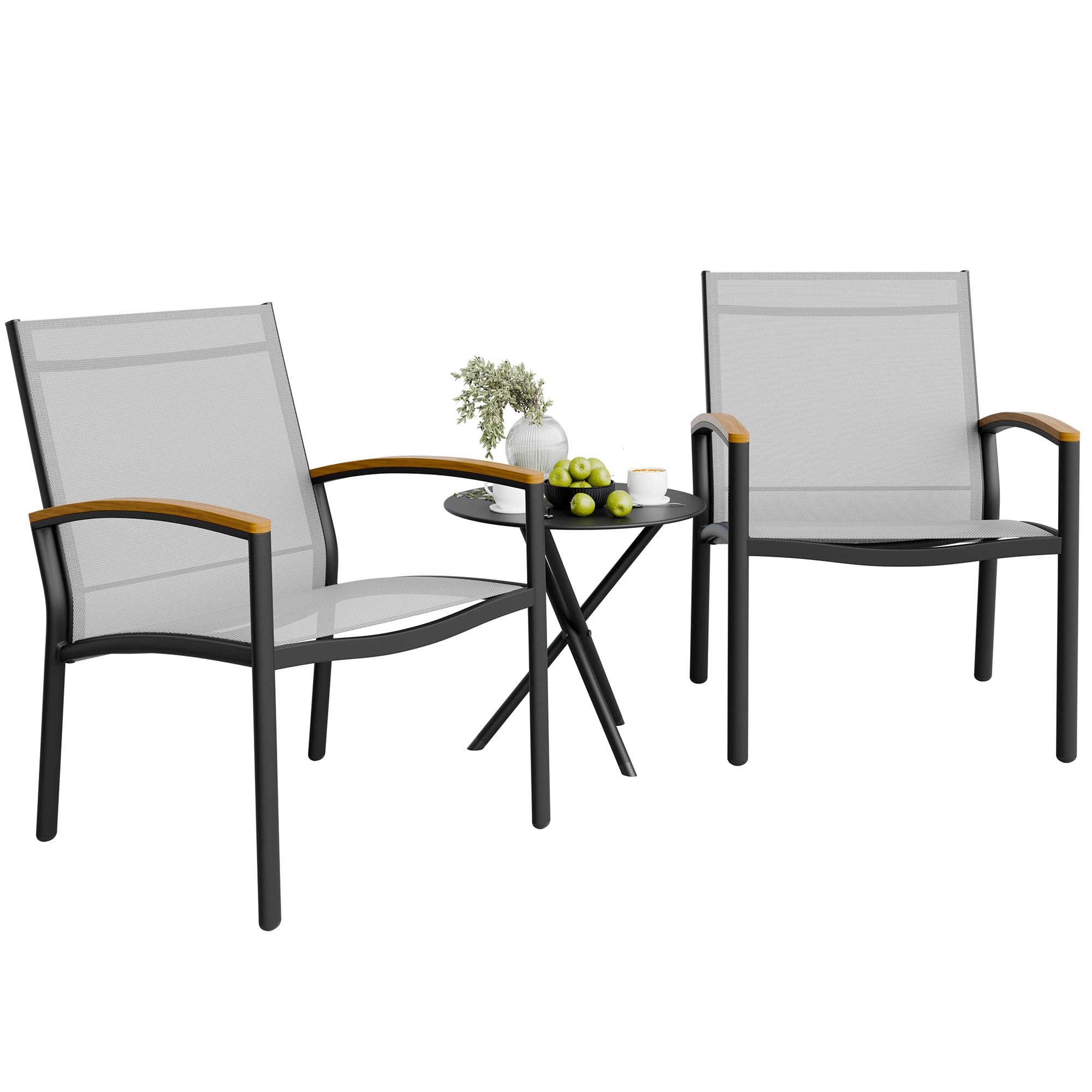 Shintenchi 3 Pieces Patio Bistro Sets, Outdoor Textilene Fabric Conversation Bistro Set, Textilene Fabric Front Porch Chairs Sma