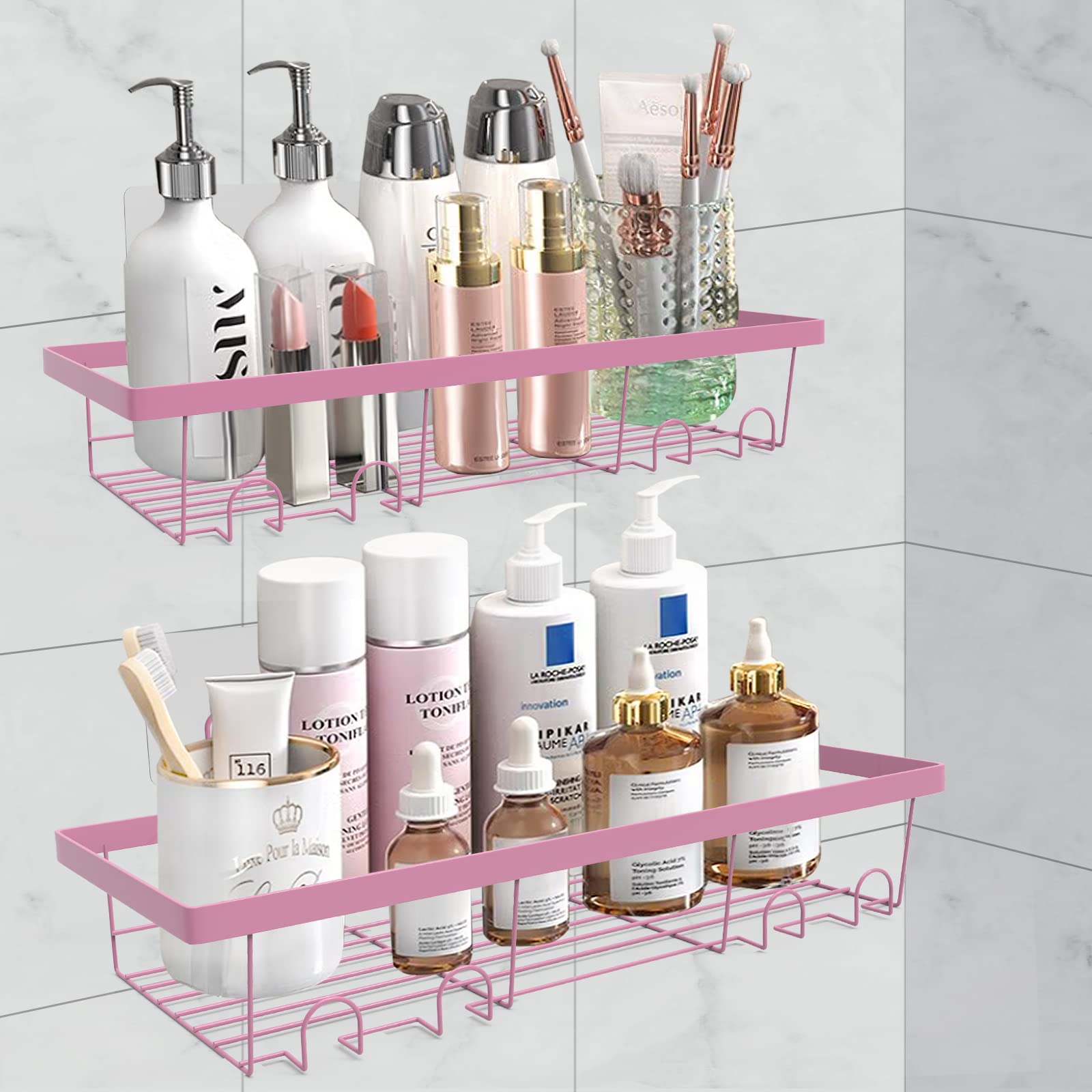 Durmmur 2 Pack Adhesive Shower Caddy Organizer with Hooks, Rustproof No Drilling Wall Mounted Storage Shelf Rack for Inside Show