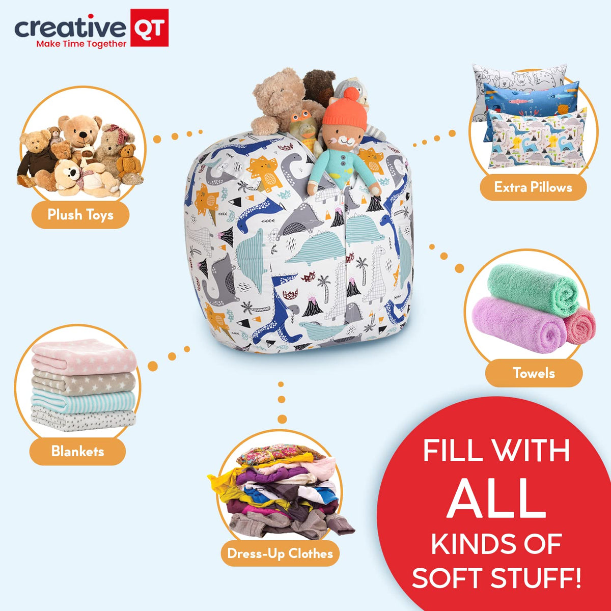 Creative Qt Stuff ’N Sit Large 33’’ Bean Bag Storage Cover For Stuffed Animals & Toys - Purple Unicorn Print - Toddler & Kids’ Rooms Organizer - Beanbag Makes Great Plush Toy Hammock Alternative