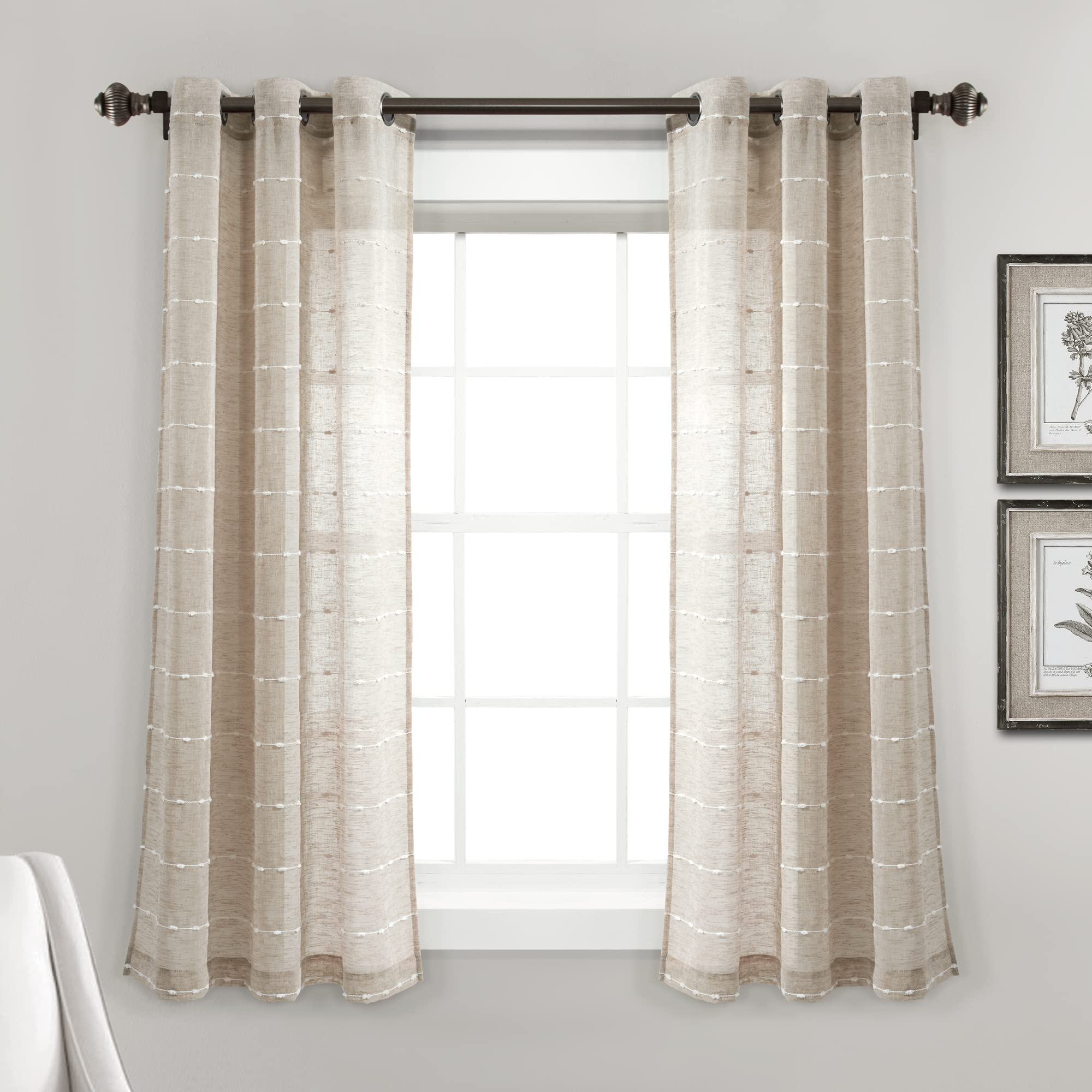 Lush Decor Farmhouse Textured Grommet Sheer Window Curtain Panel Pair, 38'W X 63'L, Neutral