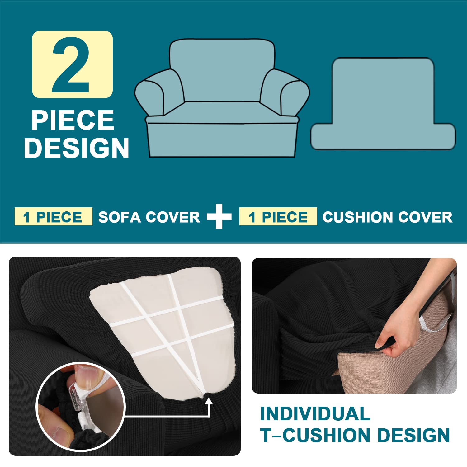 Turquoize T Cushion Chair Slipcover T Cushion Chair Covers For Living Room Stretch Sofa Couch Cover Soft Armchair Cover Washable Furniture Covers With Individual T Cushion Seat Covers (Chair, Black)