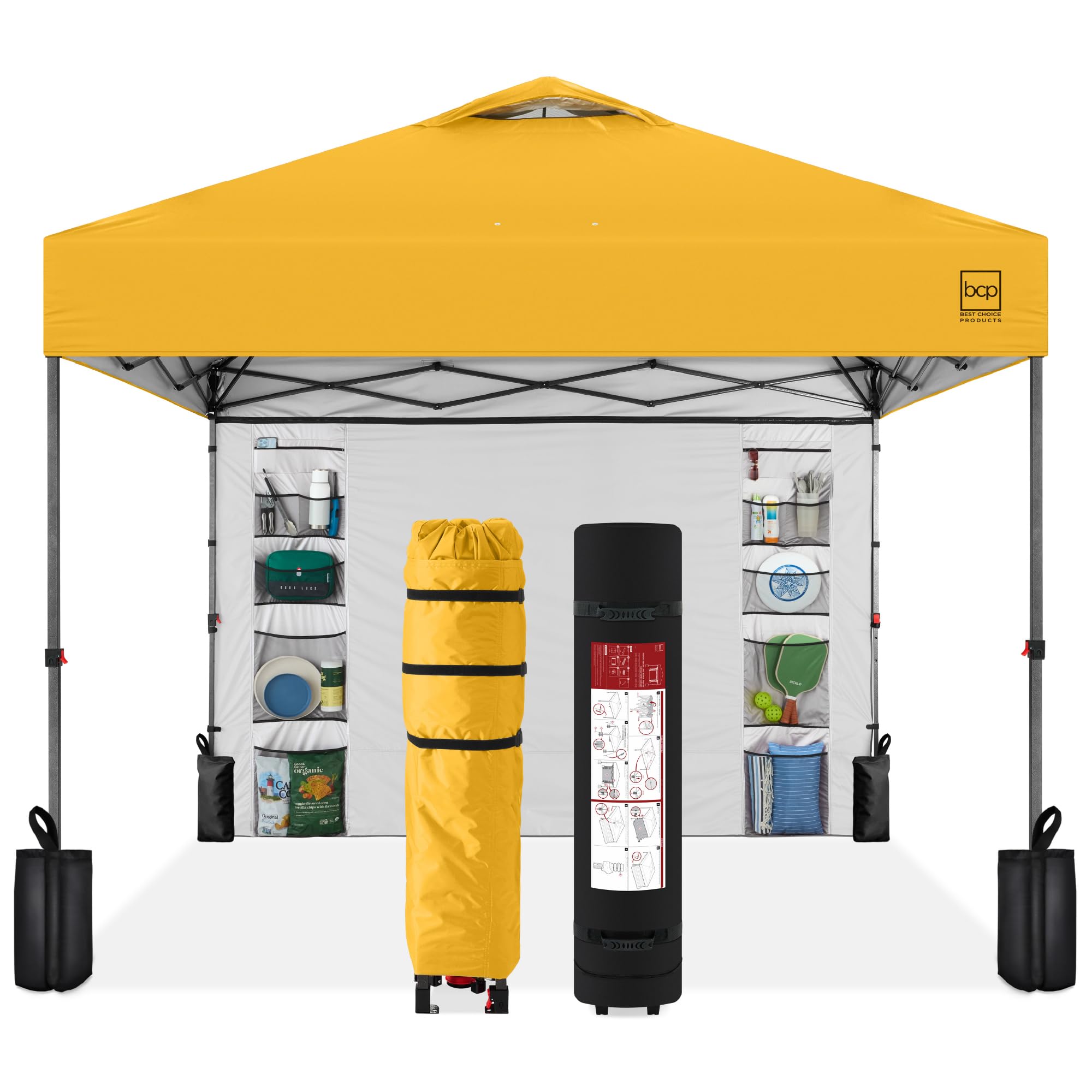 Best Choice Products 10X10Ft Easy Pop Up Canopy W/Side Wall, 10 Pockets, Portable Carrying Case, 1-Button Setup, 4 Weight Bags - Marigold