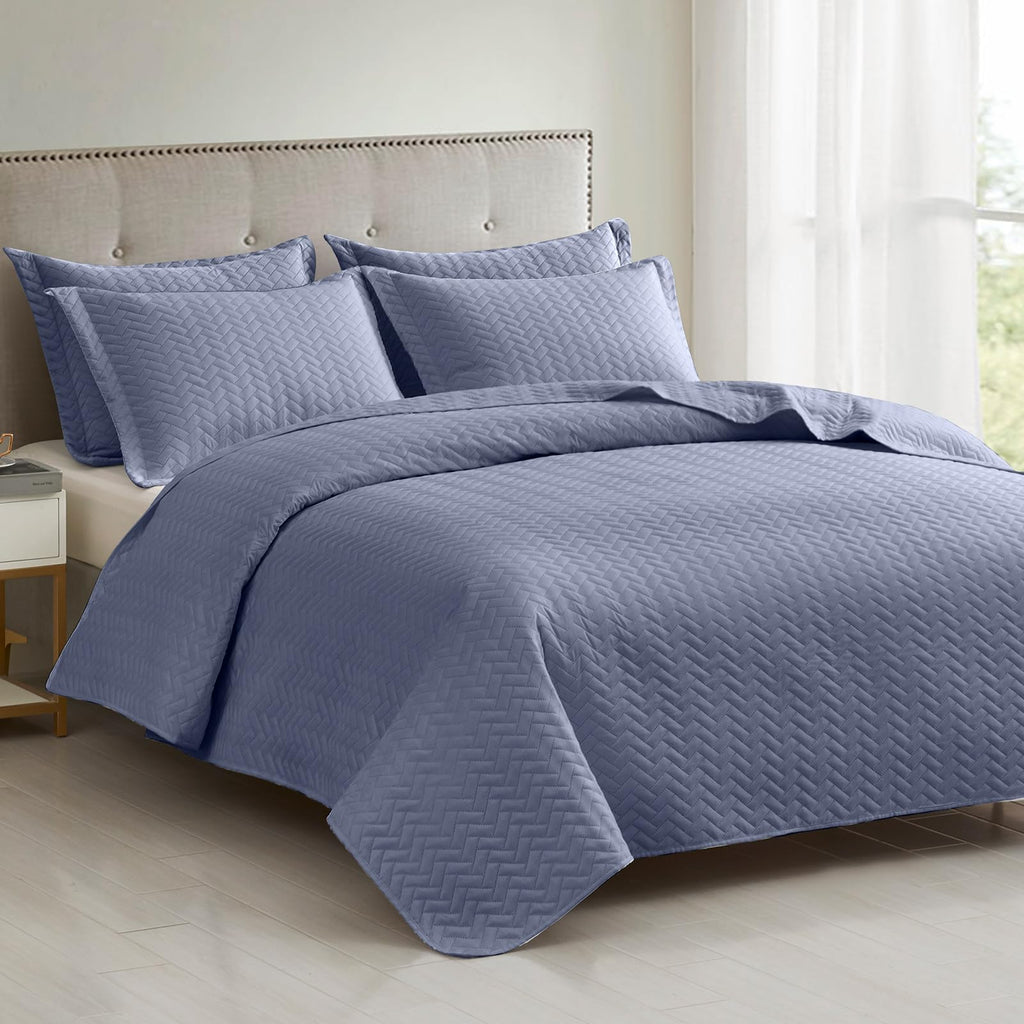 Maple&Stone Quilt Set Oversized King Size, 128''X120'' Lightweight Mineral Blue Bedspread Ultrasonic Chevron Pattern Light Cover