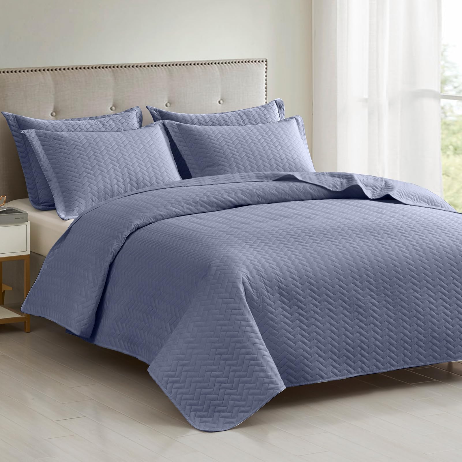 Maple&Stone Quilt Set Oversized King Size, 128''X120'' Lightweight Mineral Blue Bedspread Ultrasonic Chevron Pattern Light Cover