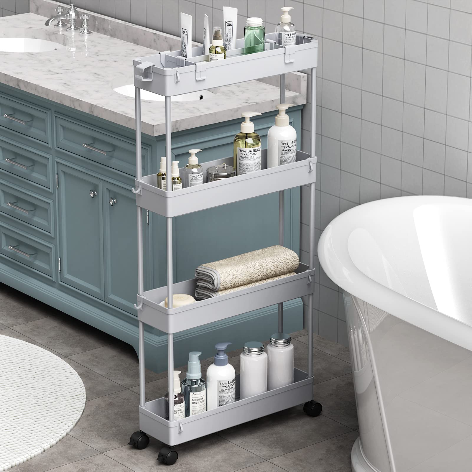 Spacelead Slim Storage Cart 4 Tier,Bathroom Storage Organizer Rolling Utility Cart, Mobile Shelving Unit Slide Out Storage Cart For Office, Bathroom, Kitchen, Laundry Room & Narrow Places, Grey