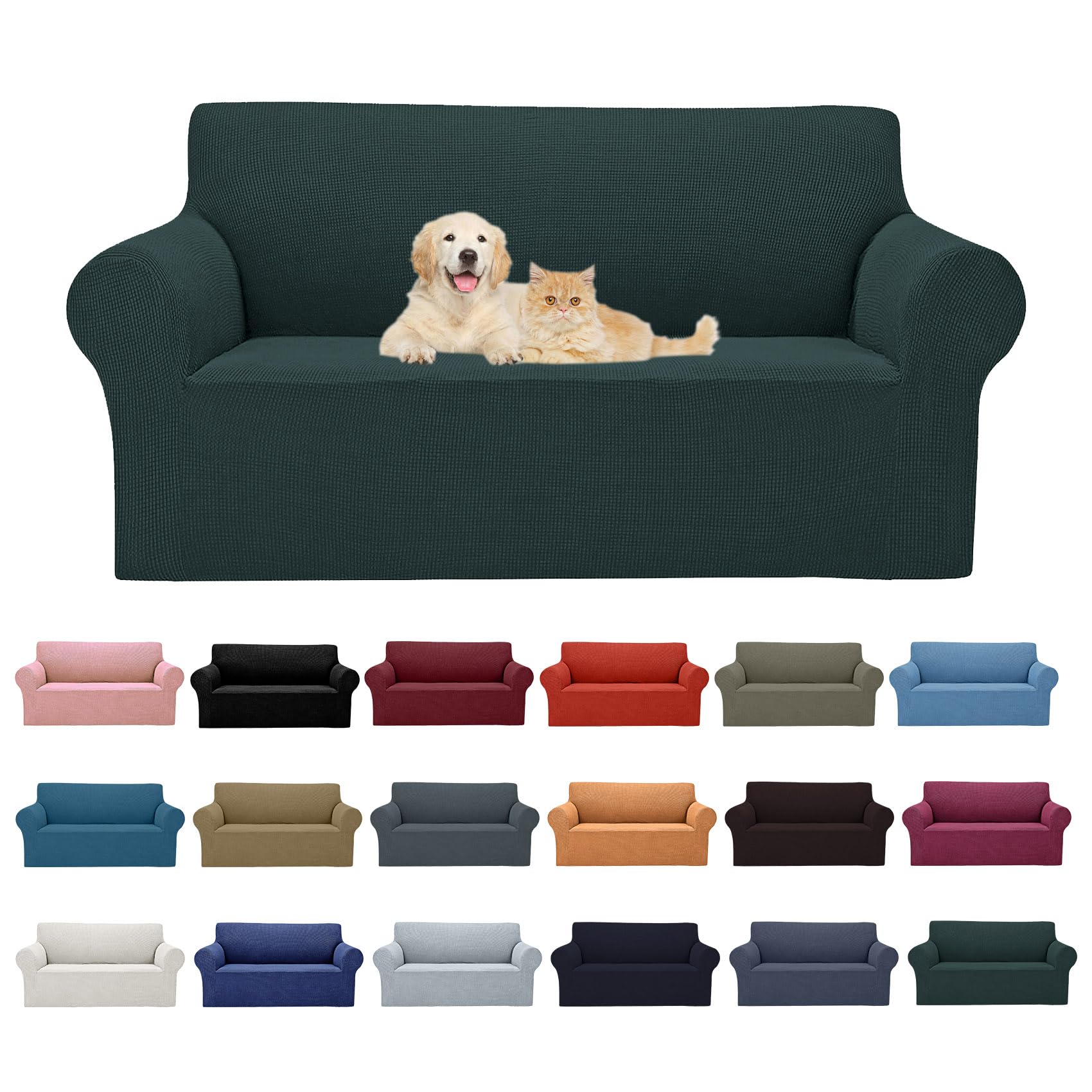 2025 New Stretch Loveseat Sofa Slipcovers Couch Cover For 2 Cushion Furniture Protector Sofa Covers With Elastic Bottom Jacquard Fabric Small Checks For Pets, Kids - Hunter