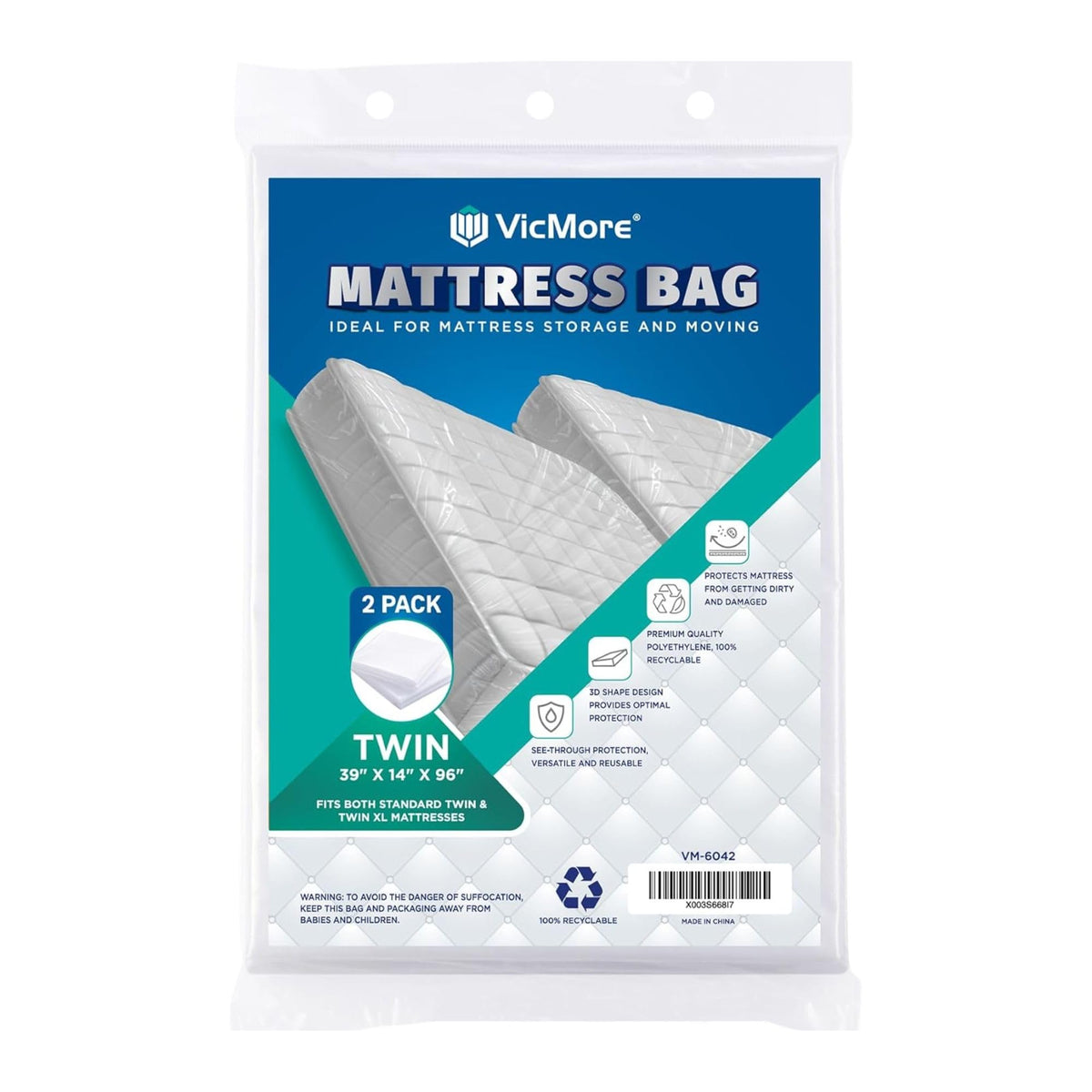 Vicmore 2-Pack Twin Size Mattress Protector - Plastic Mattress Protector Set For Moving, Storage & Disposal - Tear-Resistant & W