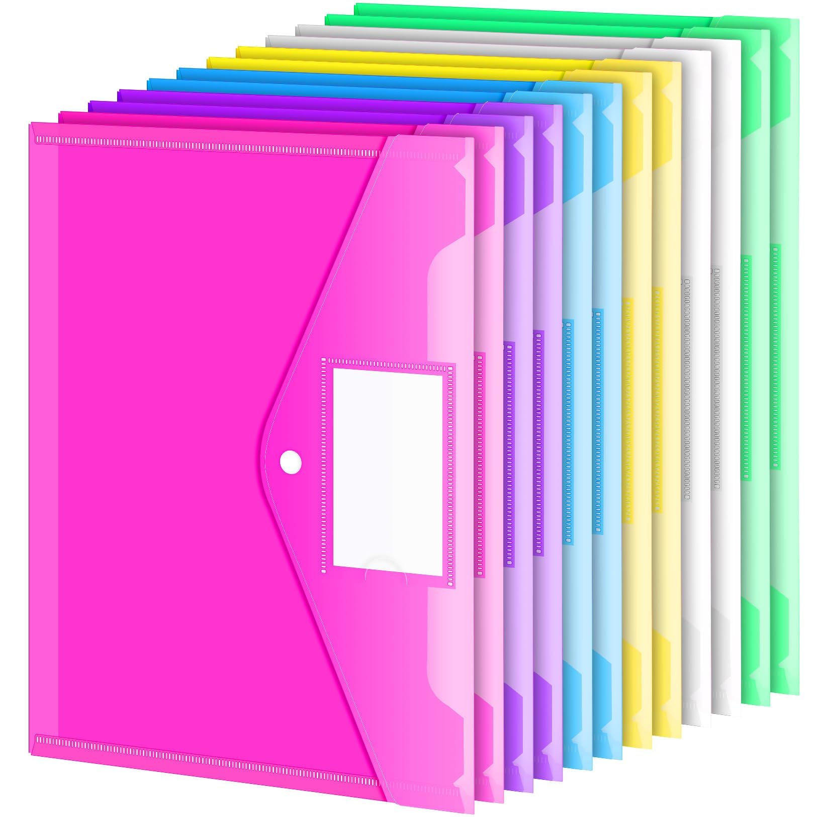 Sooez 12 Pack Folders Plastic Envelopes, Clear Plastic File Folder For Document, Letter A4 Size Poly File Envelopes With Label P