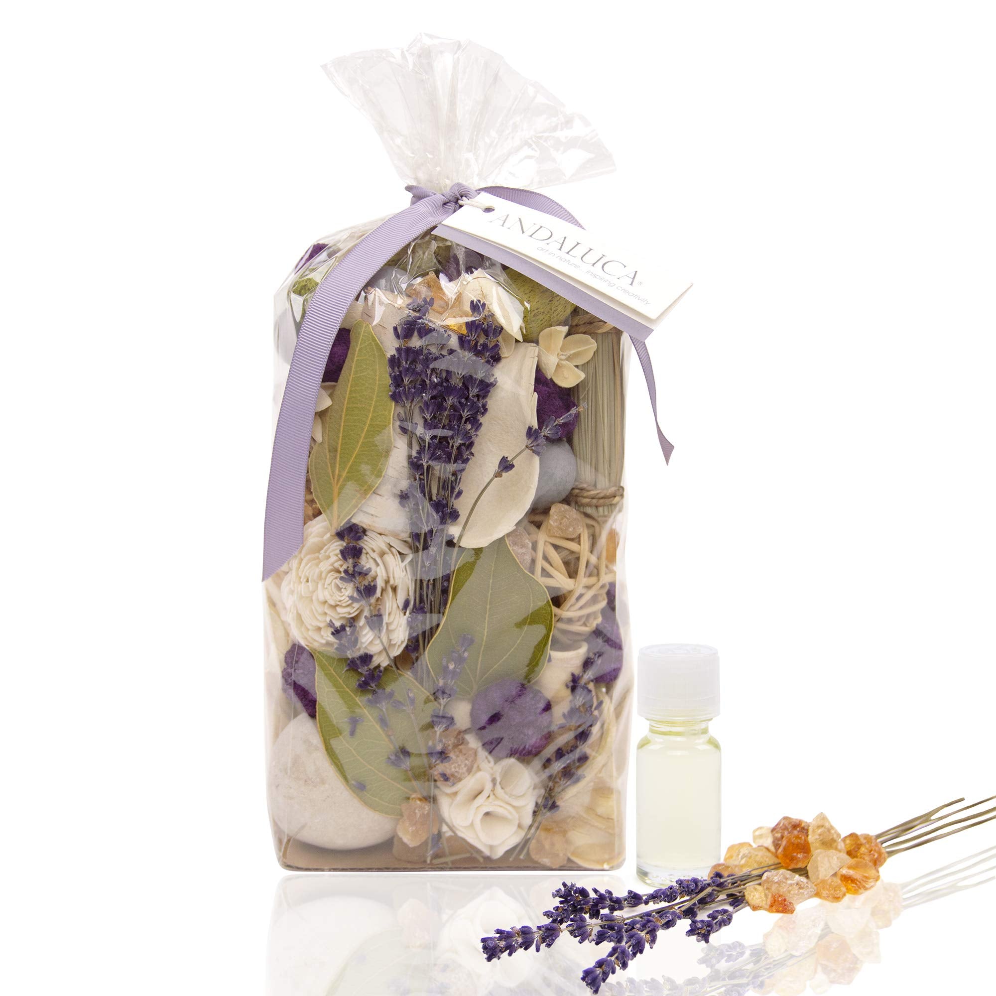 ANDALUCA Amber Lavender Potpourri | Large 20 oz Bag + Fragrance Vial | Scents of Crushed Lavender, Crystal Amber, White Eucalypt