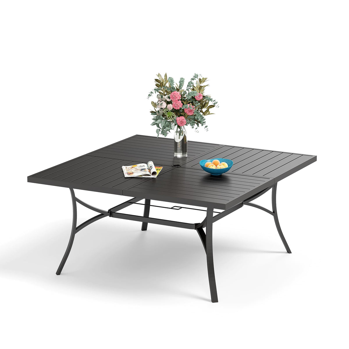 Sophia & William 60' Large Outdoor Patio Table For 8, Outdoor Square Metal Dining Table With 1.9' Adjustable Umbrella Hole, All Weather Wrought Iron Furniture Black Table For Garden Deck