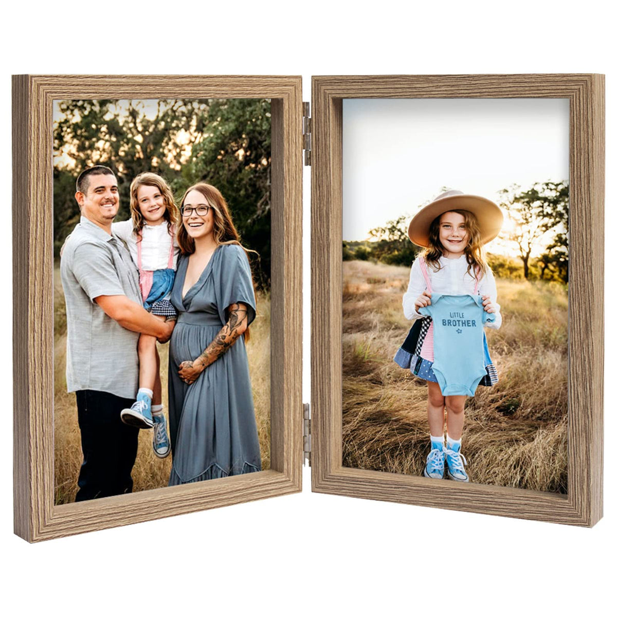 AVEAX Double 4x6 Picture Frame Hinged Folding Photo Frame with Glass Front Vertical Frame on Desktop, Wood Grain
