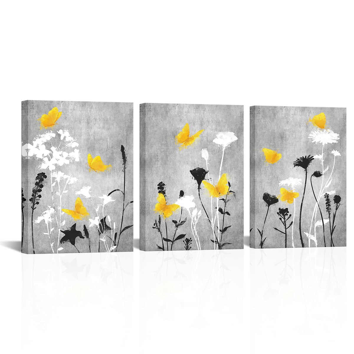 LoveHouse Yellow and Gray Wall Art Vintage Wildflower Decor