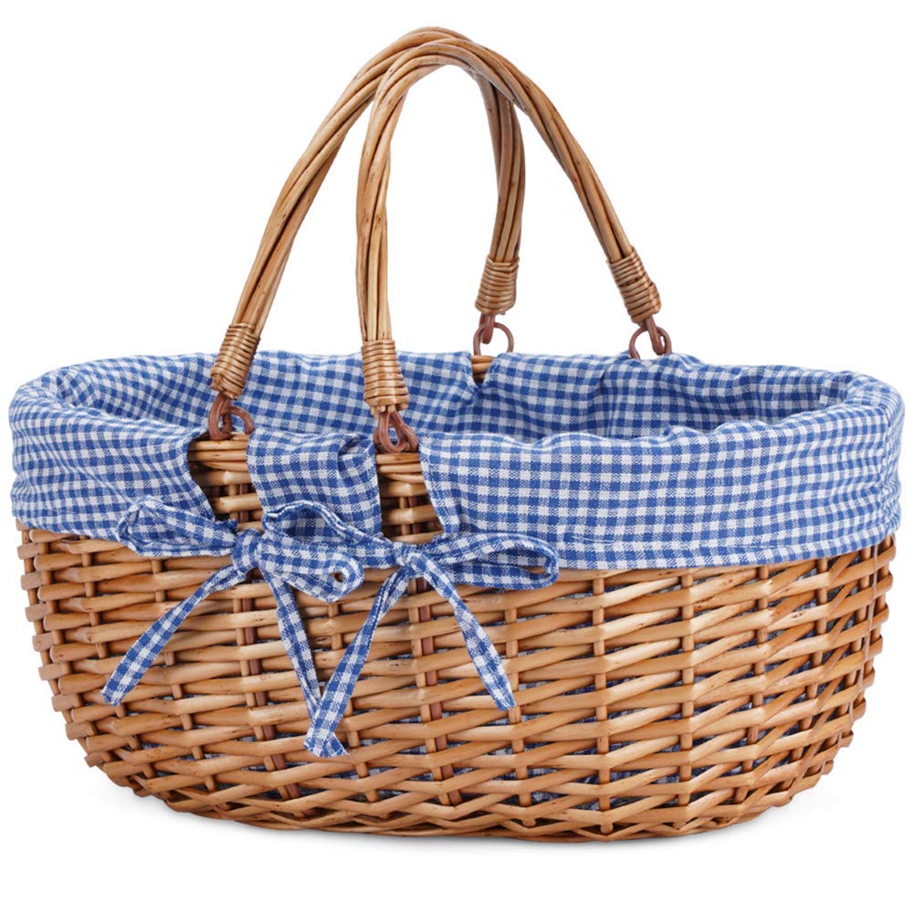 G GOOD GAIN Wicker Picnic Basket with Double Folding Handles,Willow Picnic Hamper,Natural Hand Woven Easter Basket,Easter Eggs a
