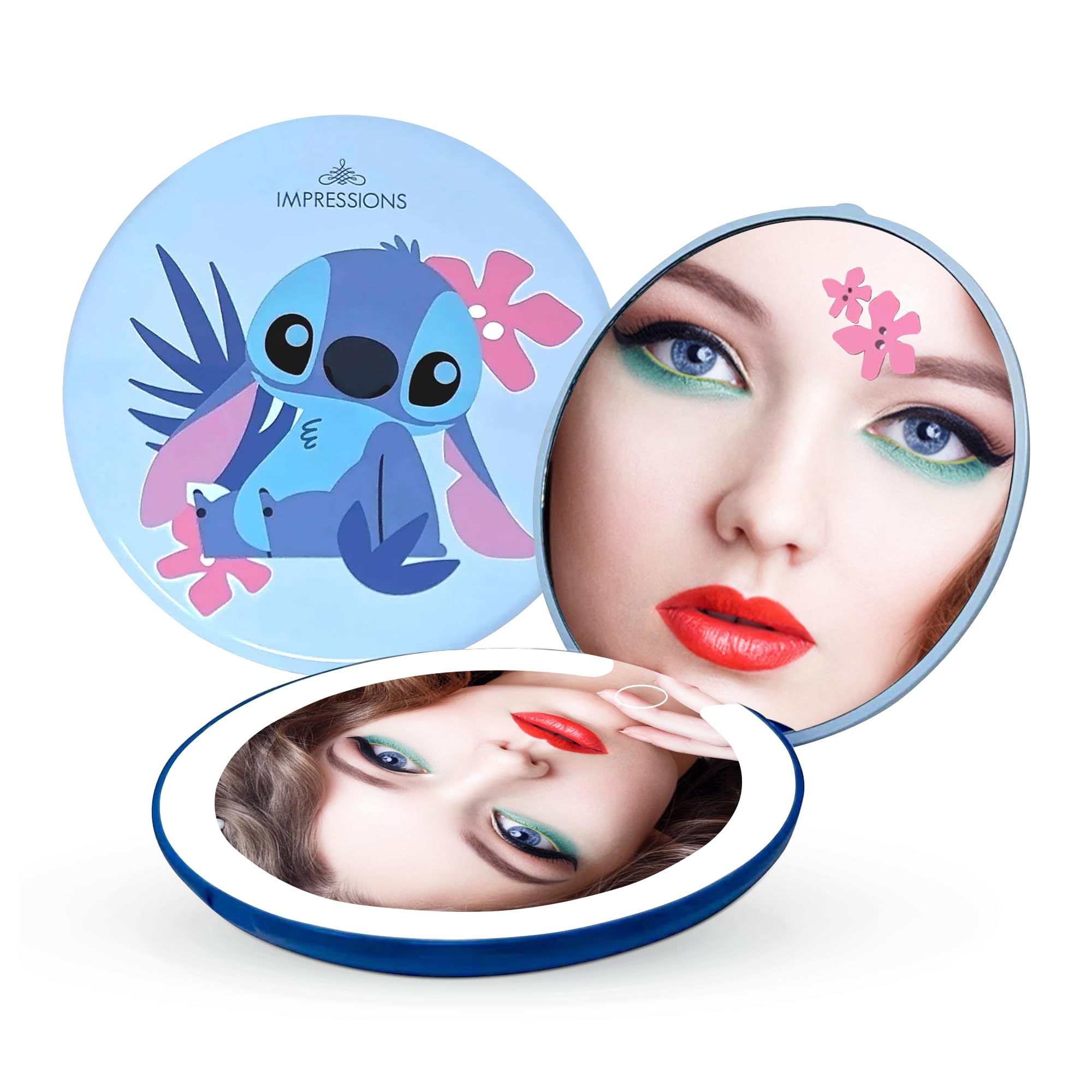 Impressions Vanity Disney Stitch Compact Mirror with Light, Double Sided Cute Travel Makeup Mirror with Magnification, Daylight 