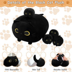 TOYSYM Black Cat Plush Toy with 4 Babies, Soft Cotton Hugging Pillow, Black