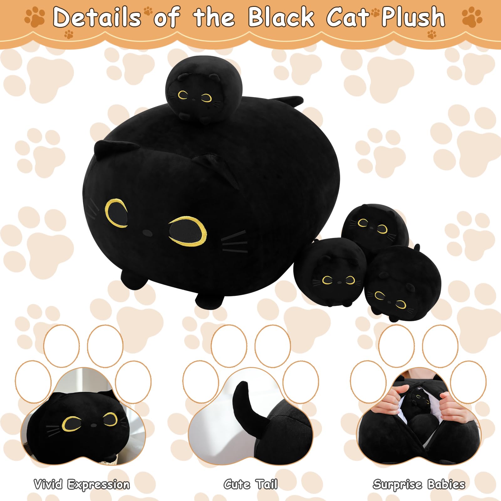 TOYSYM Black Cat Plush Toy with 4 Babies, Soft Cotton Hugging Pillow, Black