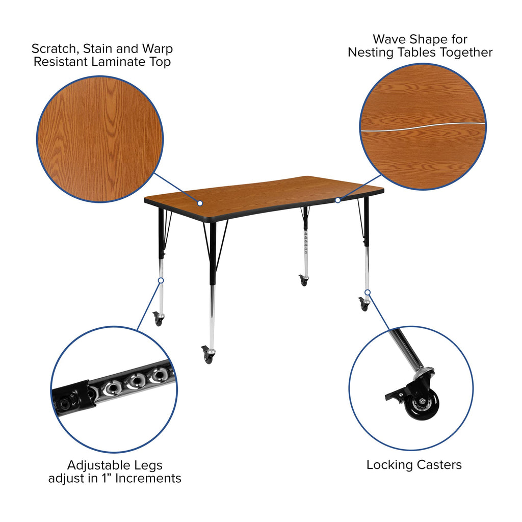 Flash Furniture 3 Piece Mobile 76" Oval Wave Collaborative Oak Thermal Laminate Activity Table Set-Standard Height Adjustable Legs