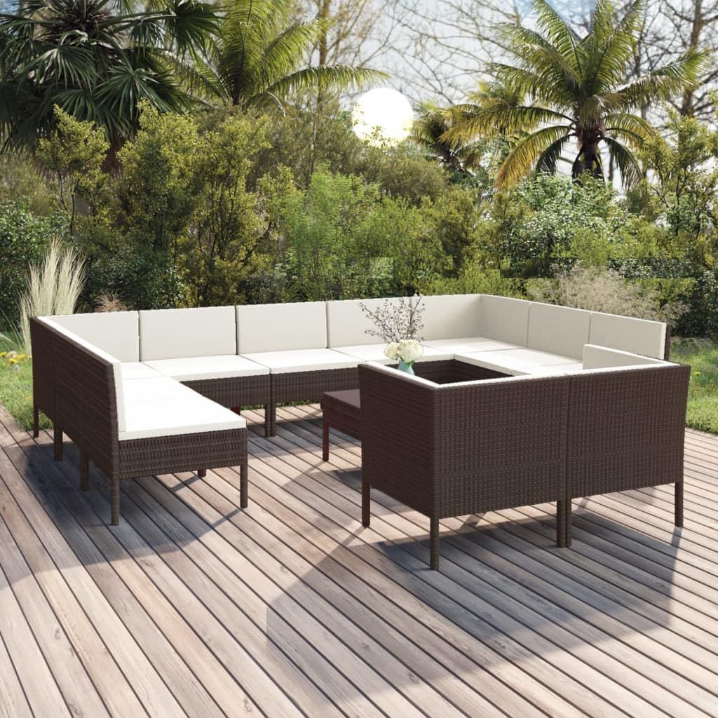 vidaXL Patio Lounge Set 12 Piece, Patio Furniture Set for Outside, Sectional Sofa with Cushions, Sofa, Farmhouse Modern, Poly Rattan Brown