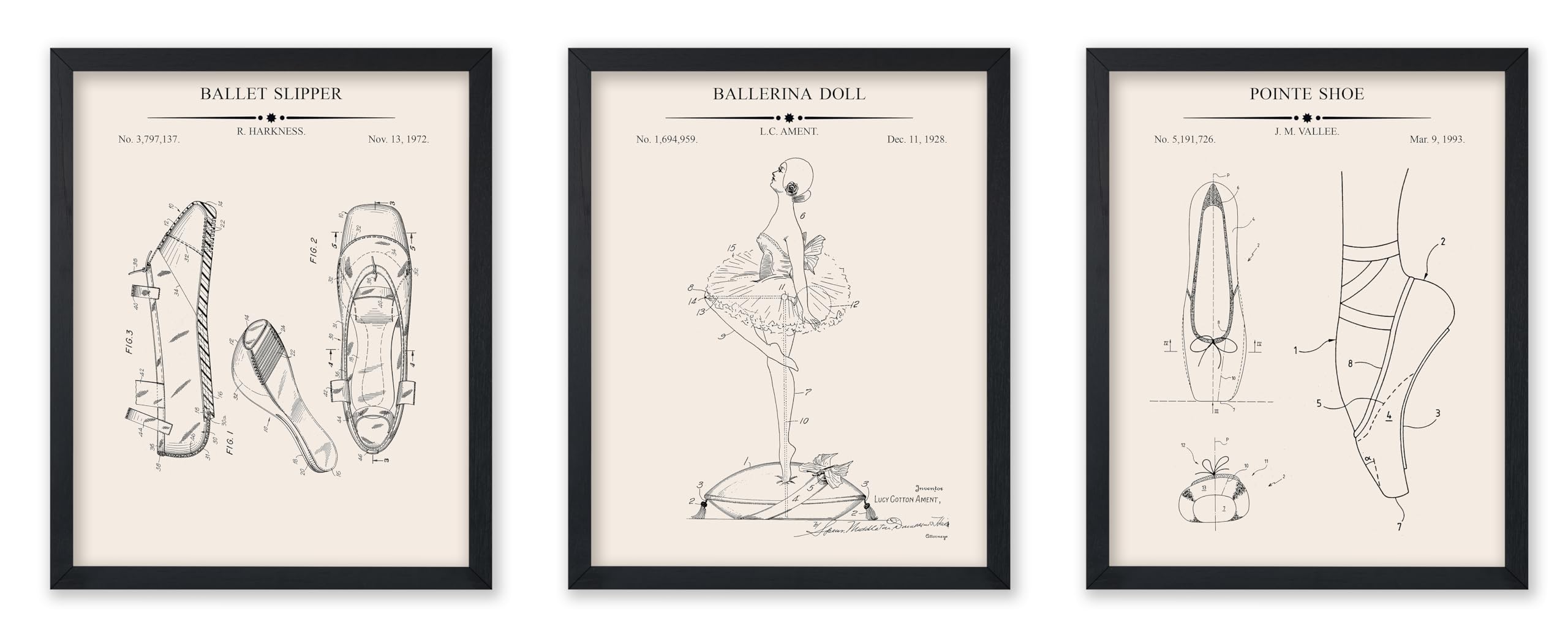 Poster Master 3-Piece Ballet Blueprint - Slippers Patent Print, Ballerina Doll Art, Pointe Shoe Art - Dance Studio or Office Dec