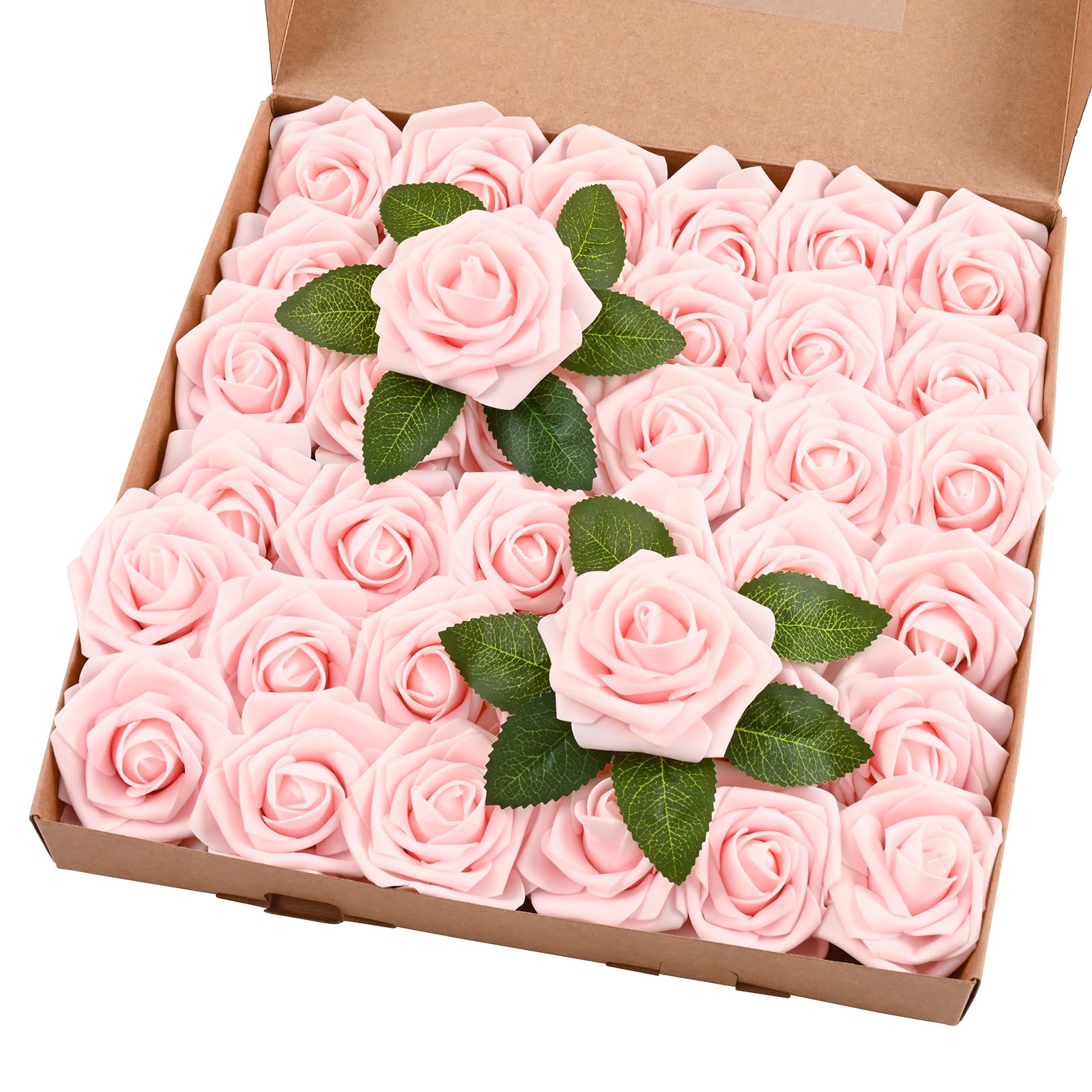 BLEUM CADE 36Pcs Artificial Flowers Fake Roses with Stems, Pink Boxed Foam Roses for DIY Bouquets Centerpieces Wedding Party Arr